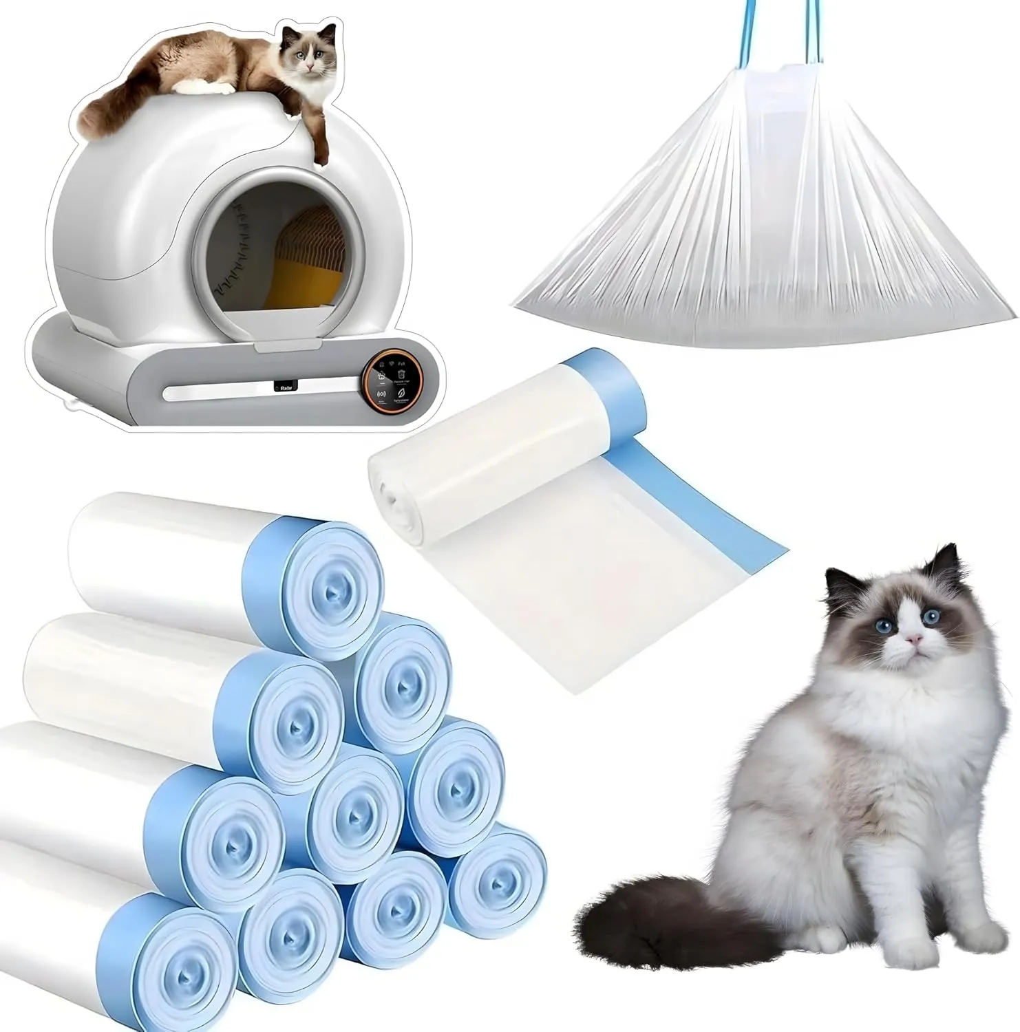 150 Pack Cat Litter Box Liners, 45x50cm (17.7x19.6in), Extra Thick Waste Bags Compatible with Litter-Robot 3/4, Self-Cleaning, Heavy Duty, 9-11 Gallons Capacity, 8 Rolls of 15 Bags with Drawstring