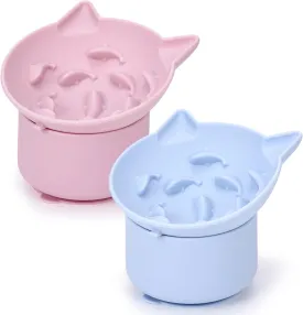 2 Pack Silicone Cat Slow Feeder, Elevated Slow Feeder Cat Bowl Tilted Design, Elevated Cat Bowls for Dry and Wet Food, Anti Whisker Fatigue, Adjustable Angle for Cat Dog Pet(Pink and Blue)