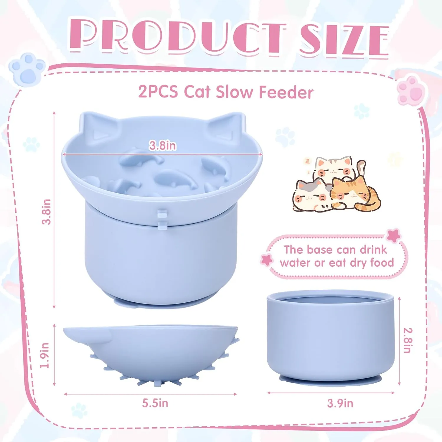2 Pack Silicone Cat Slow Feeder, Elevated Slow Feeder Cat Bowl Tilted Design, Elevated Cat Bowls for Dry and Wet Food, Anti Whisker Fatigue, Adjustable Angle for Cat Dog Pet(Pink and Blue)