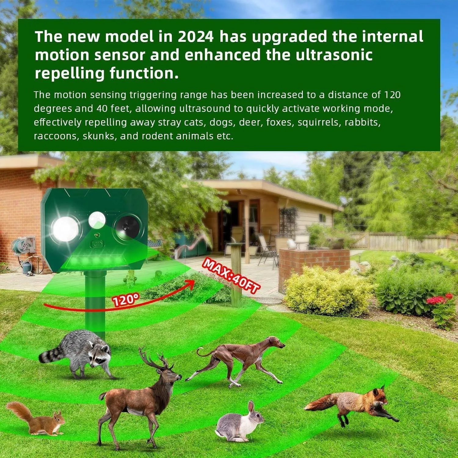 2Pack Ultrasonic Squirrel Deer Repellent Devices Cat Repellent Outdoor, Waterproof Solar Animal Repellent with Motion Sensor Deterrent Light for Rabbit Raccoon Coyote Skunk Rodent Dog Possum Armadillo