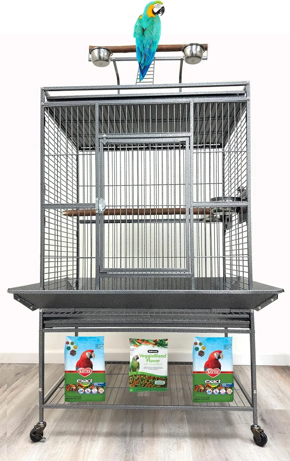 32" x 23" x 69"H Wrought Iron Bird Parrot Stand Wooden Perch Cage Walk Ladders Play Perch Stand Top Include Around Seed Guard Storage Shelf Heavy Duty Rolling Castors