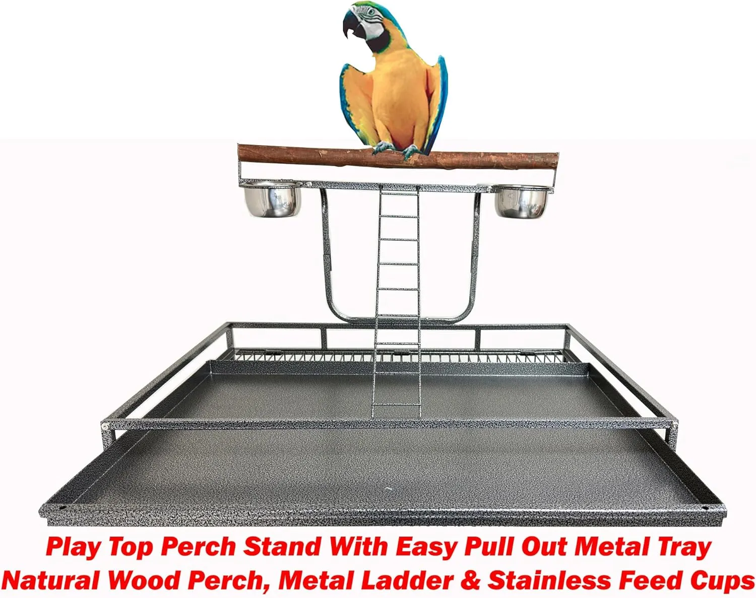 32" x 23" x 69"H Wrought Iron Bird Parrot Stand Wooden Perch Cage Walk Ladders Play Perch Stand Top Include Around Seed Guard Storage Shelf Heavy Duty Rolling Castors
