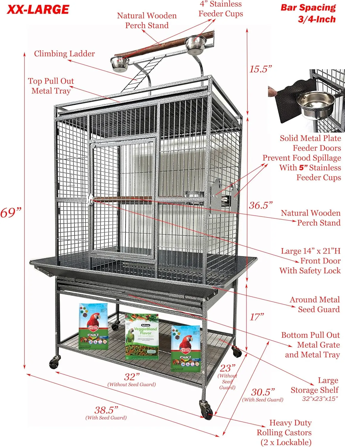 32" x 23" x 69"H Wrought Iron Bird Parrot Stand Wooden Perch Cage Walk Ladders Play Perch Stand Top Include Around Seed Guard Storage Shelf Heavy Duty Rolling Castors