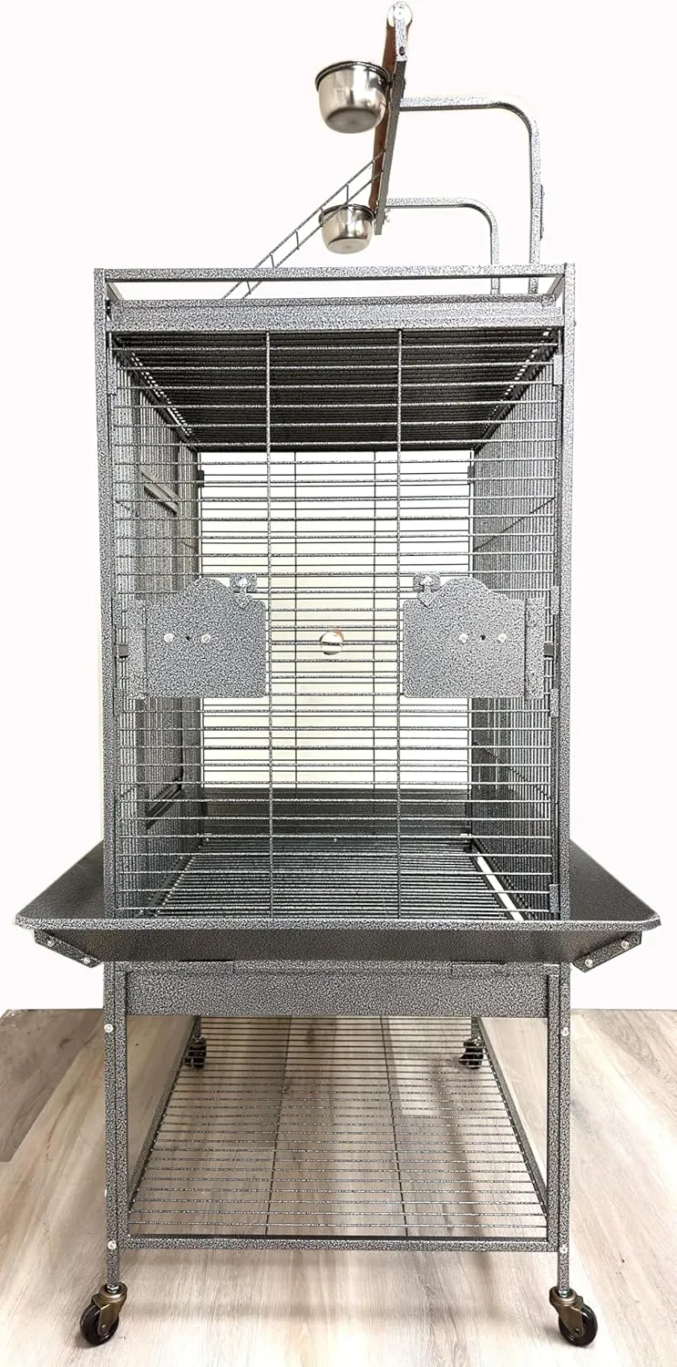 32" x 23" x 69"H Wrought Iron Bird Parrot Stand Wooden Perch Cage Walk Ladders Play Perch Stand Top Include Around Seed Guard Storage Shelf Heavy Duty Rolling Castors