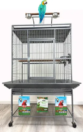 32" x 23" x 69"H Wrought Iron Bird Parrot Stand Wooden Perch Cage Walk Ladders Play Perch Stand Top Include Around Seed Guard Storage Shelf Heavy Duty Rolling Castors
