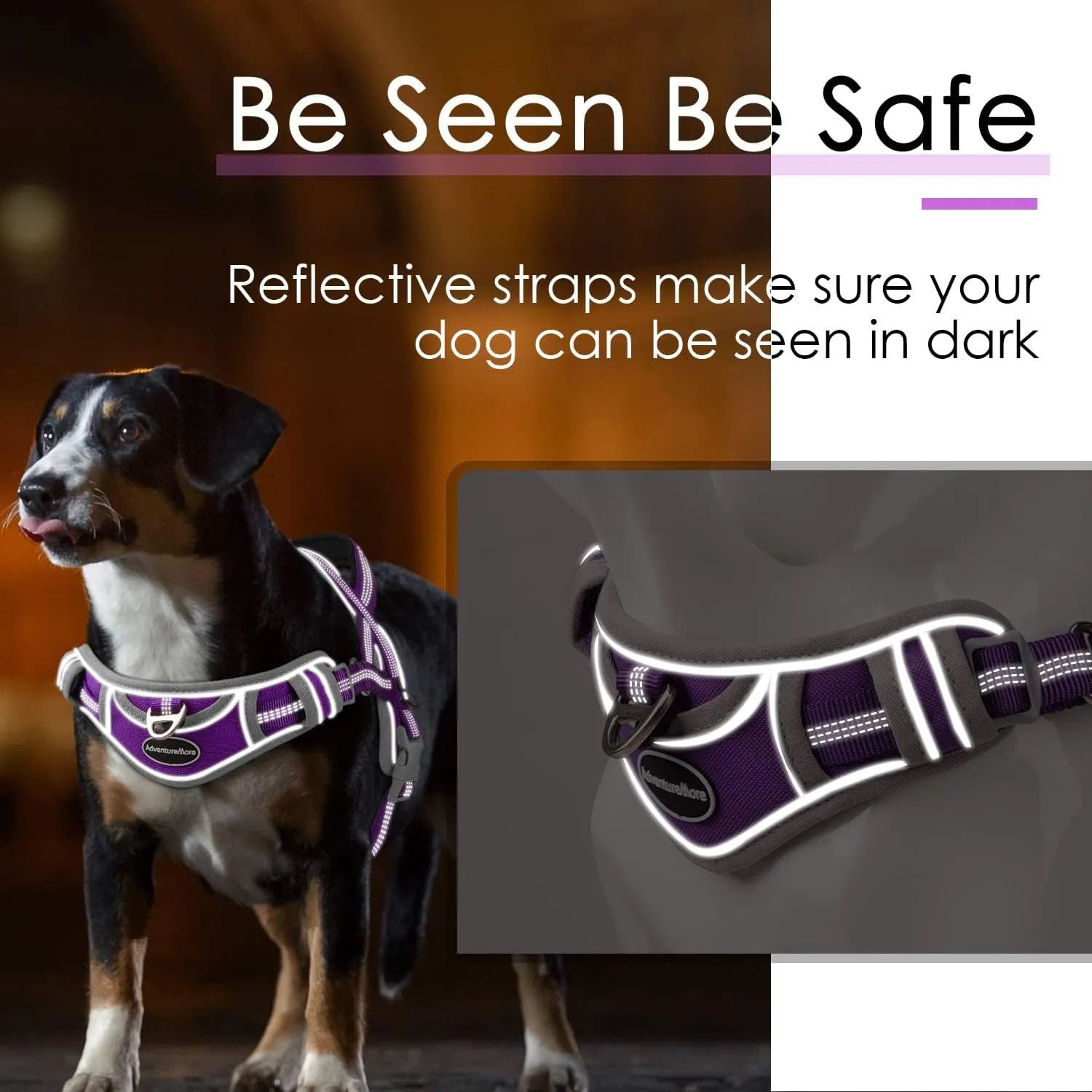 ADVENTUREMORE Dog Harness for Small Dogs No Pull, Dog Halter Harness Adjustable Reflective Dog Vest Escape Proof Dog Harness with Easy Control Front Clip Handle for Training Walking S Purple