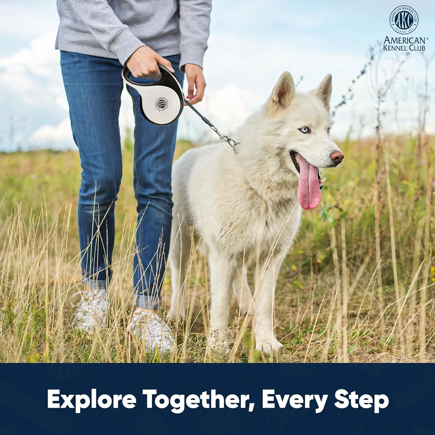 American Kennel Club Retractable Tangle-Free Dog Leash, 16.4ft, for Dogs up to 110 lbs, Ergonomic Non Slip Grip, One-Handed Braking System