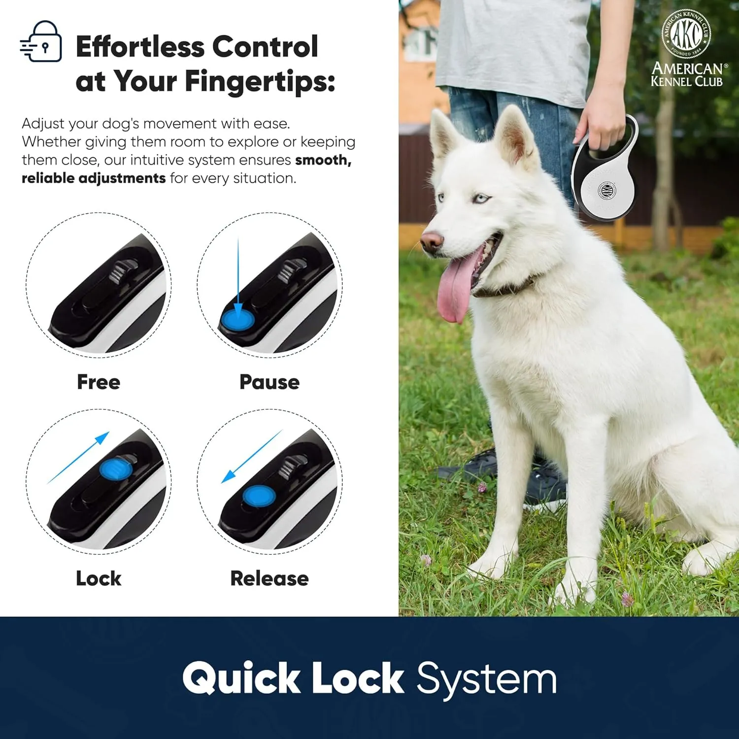 American Kennel Club Retractable Tangle-Free Dog Leash, 16.4ft, for Dogs up to 110 lbs, Ergonomic Non Slip Grip, One-Handed Braking System