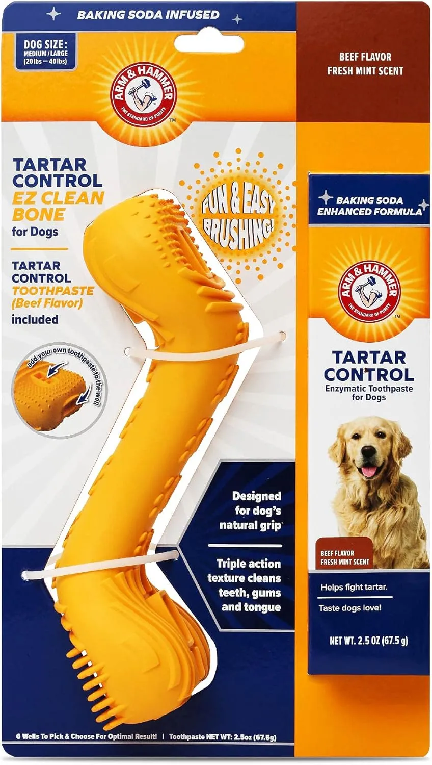 Arm & Hammer for Pets Tartar Control EZ Clean Bone & Dog Toothpaste | Dental Bone for Medium/Large Dogs (20-40 Lbs) & Tartar Control Baking Soda Enhanced Toothpaste, Beef Flavor | Dog Dental Toy