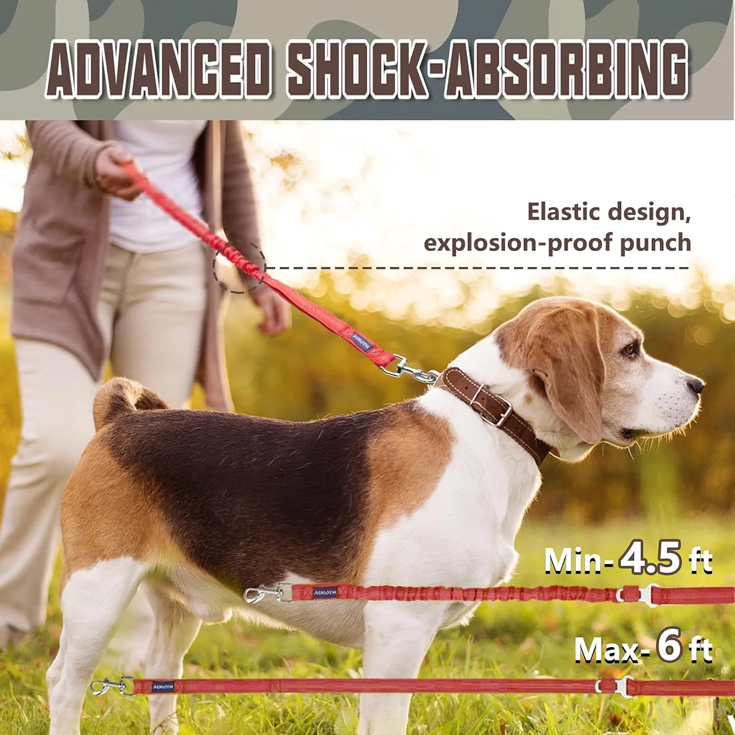 AUROTH Heavy Duty Bungee Dog Leash for Large Breeds - 6FT With 2 Padded Handles, Shock Absorption, No Pull Training, Red