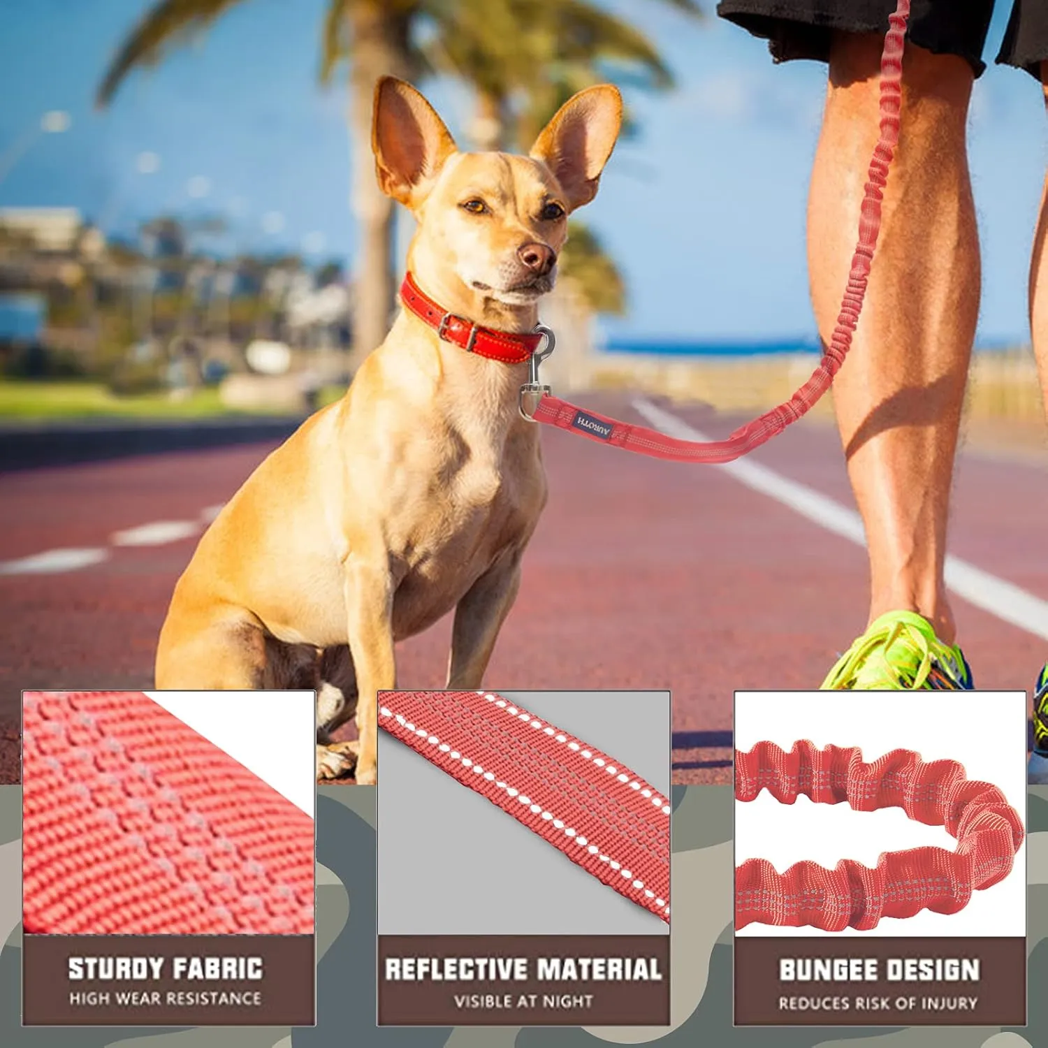 AUROTH Heavy Duty Bungee Dog Leash for Large Breeds - 6FT With 2 Padded Handles, Shock Absorption, No Pull Training, Red