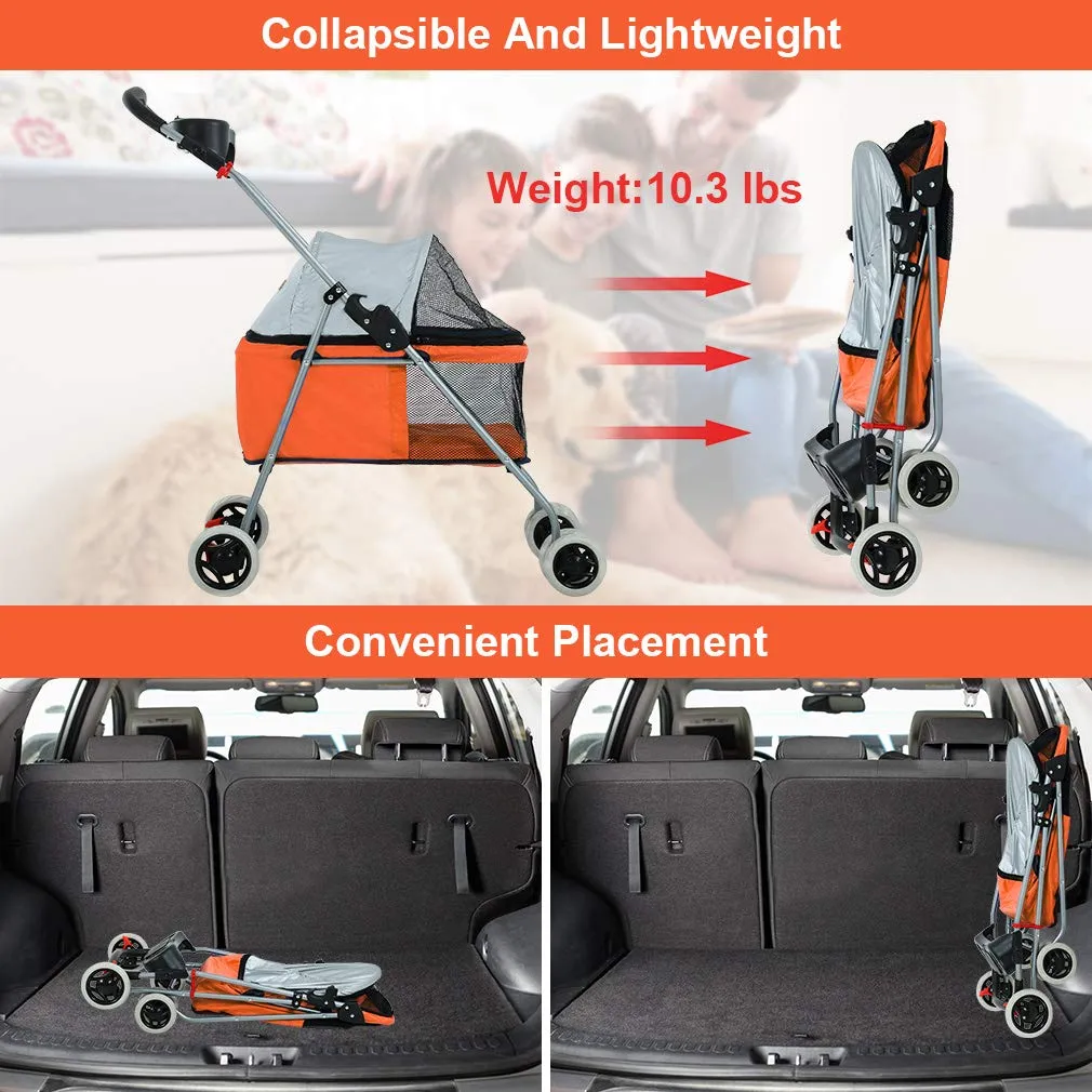 BestPet Pet Stroller 4 Wheels Posh Folding Waterproof Portable Travel Cat Dog Stroller with Cup Holder,Orange