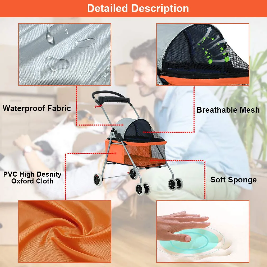 BestPet Pet Stroller 4 Wheels Posh Folding Waterproof Portable Travel Cat Dog Stroller with Cup Holder,Orange