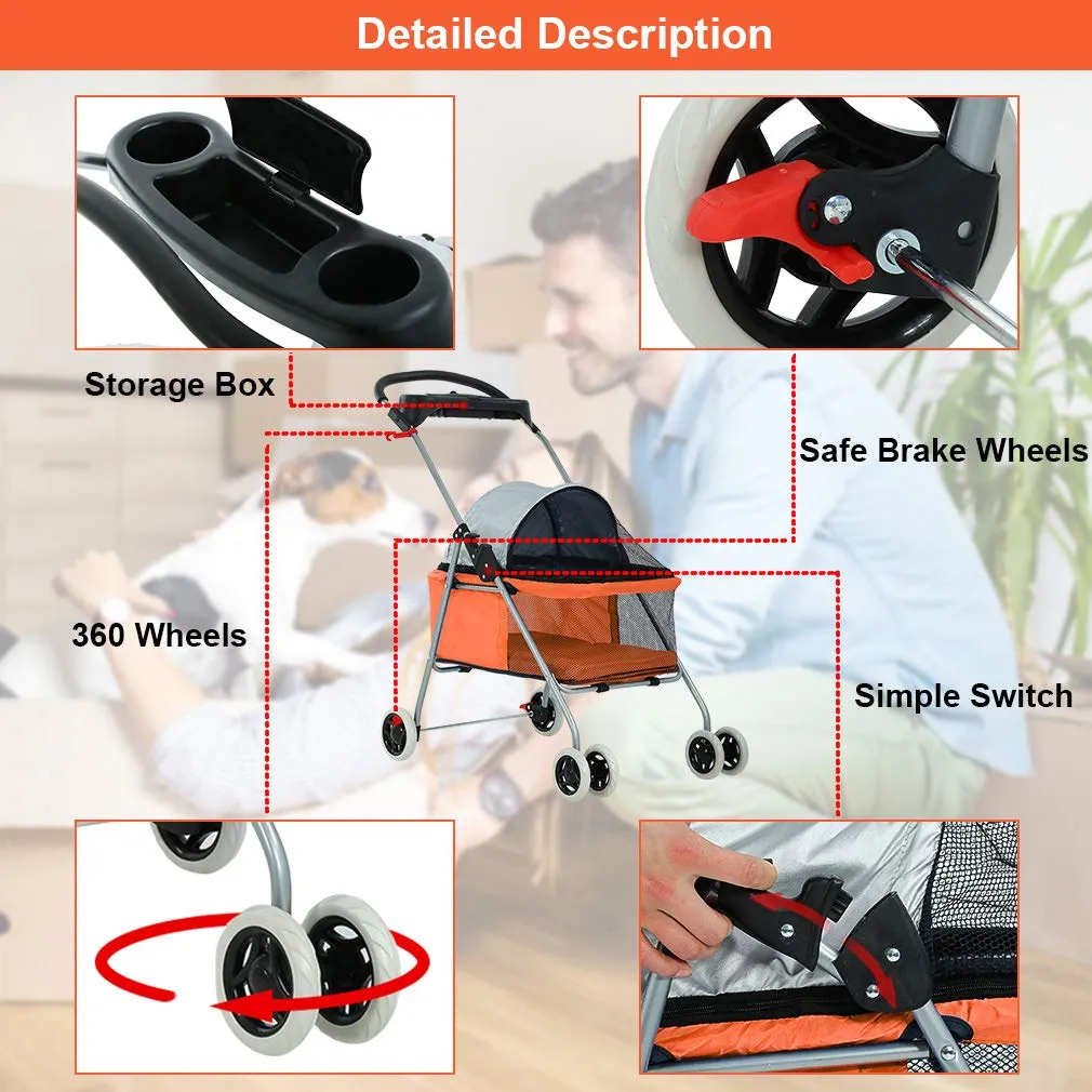 BestPet Pet Stroller 4 Wheels Posh Folding Waterproof Portable Travel Cat Dog Stroller with Cup Holder,Orange