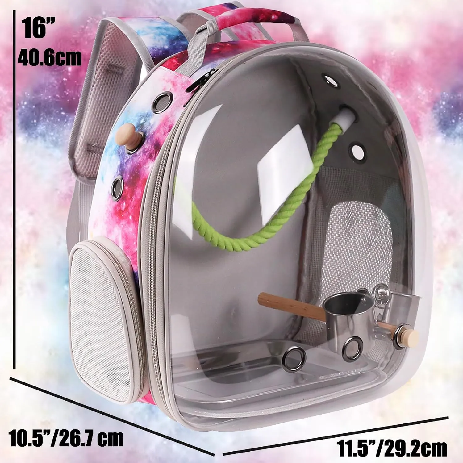 Bird Travel Carrier Cage, Space Capsule Clear Bubble Window Backpack to Carry and Transport Small Birds Like Parakeet Cockatiel Conure Budgies Parrot to Vet and Outdoor Adventure (Galaxy Pink, Large)