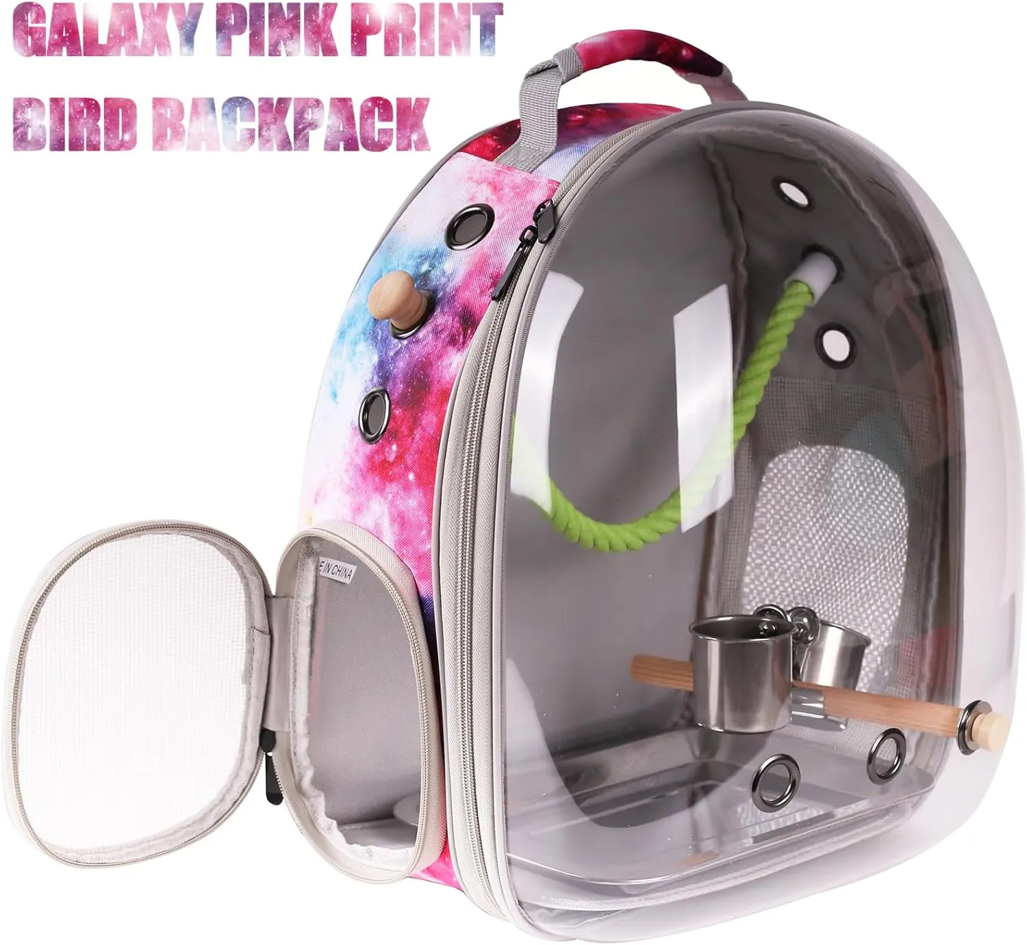 Bird Travel Carrier Cage, Space Capsule Clear Bubble Window Backpack to Carry and Transport Small Birds Like Parakeet Cockatiel Conure Budgies Parrot to Vet and Outdoor Adventure (Galaxy Pink, Large)