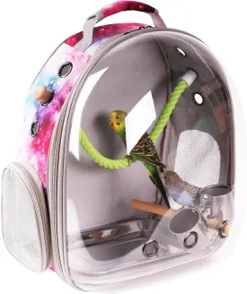 Bird Travel Carrier Cage, Space Capsule Clear Bubble Window Backpack to Carry and Transport Small Birds Like Parakeet Cockatiel Conure Budgies Parrot to Vet and Outdoor Adventure (Galaxy Pink, Large)