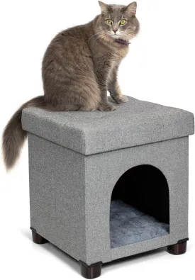 BIRDROCK HOME Pet House Ottoman - Cube - Cat or Dog Furniture Bed - Footstool - Extra Seat - Cozy Condo Cave - Grey (Standard)