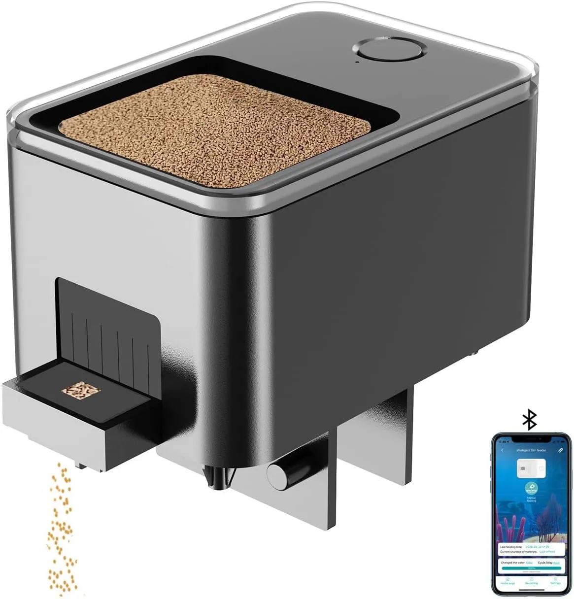 Bluetooth Automatic Fish Feeder for Aquarium, Food Dispenser for Fish Tank with App Control, USB and Rechargeable Battery Powered, Suitable for Small Fish Tank Pelleted Food, Black