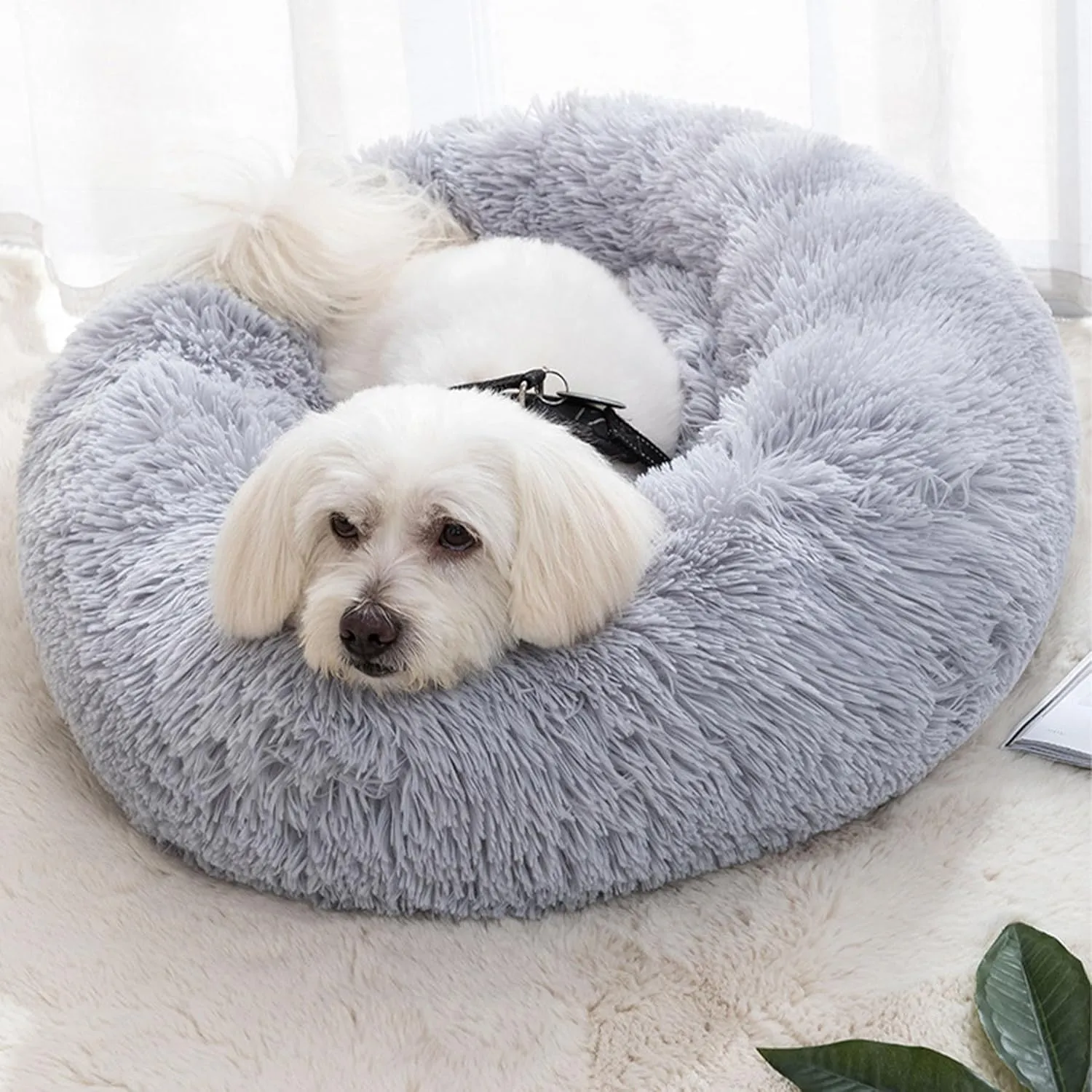Cat Beds for Indoor Cats, 20 inches Cat Bed Fluffy Round Dog Bed Calming Soft Plush Donut Cat Bed Anti-SlipPuppy Pet Bed Cat Beds for Small Medium Dogs Kittens (Grey)