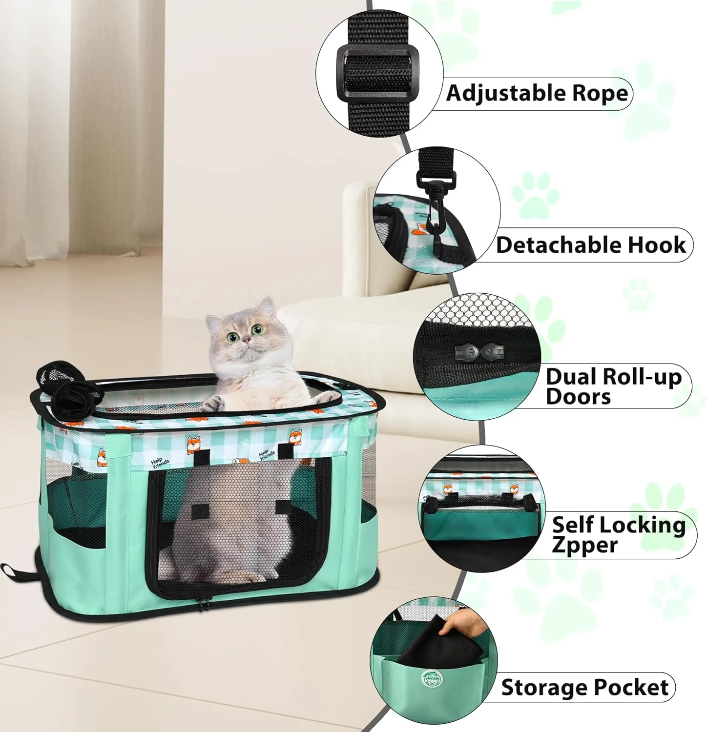 Cat Carrier Soft Sided Collapsible Travel Pet Carrier for Cats and Small Dogs with Mat and Carry Bag, Green
