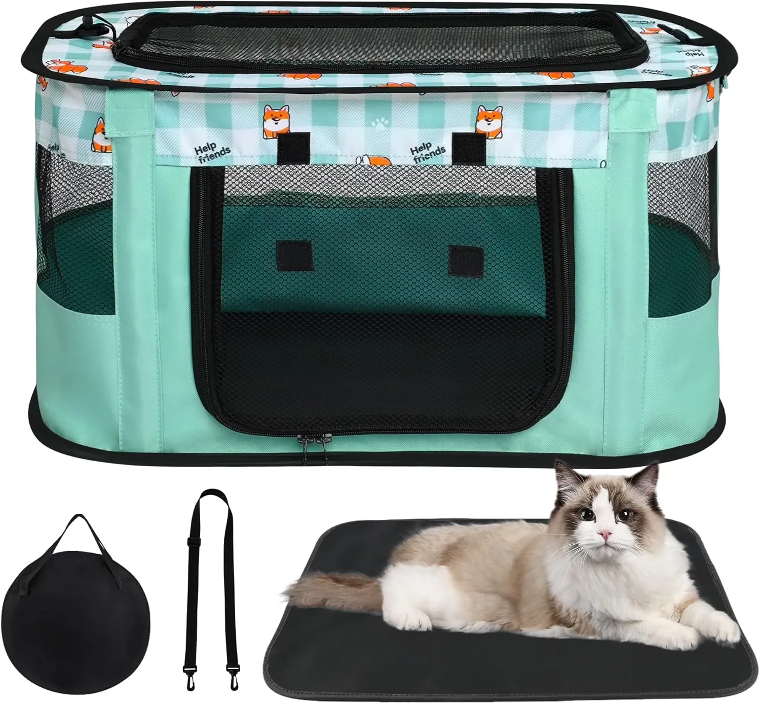 Cat Carrier Soft Sided Collapsible Travel Pet Carrier for Cats and Small Dogs with Mat and Carry Bag, Green