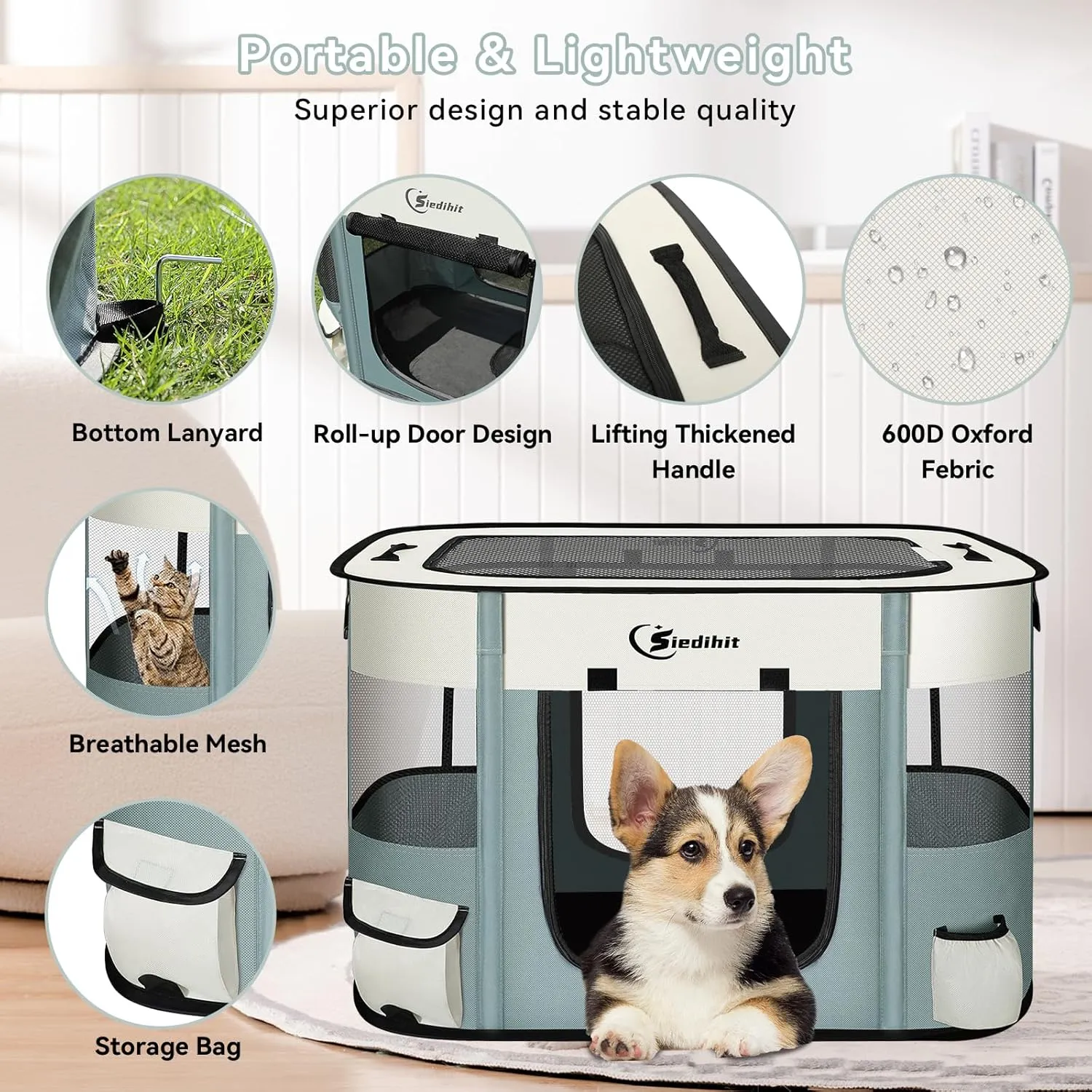 Dog Cat Playpen28/31/35in, Pet Puppy Portable Playpens for Outdoor Travel Crate, Indoor After Surgery Use, Foldable Dog Kennel Tent for Rabbit or Small Animals and Tent Stakes (Grey, Small)