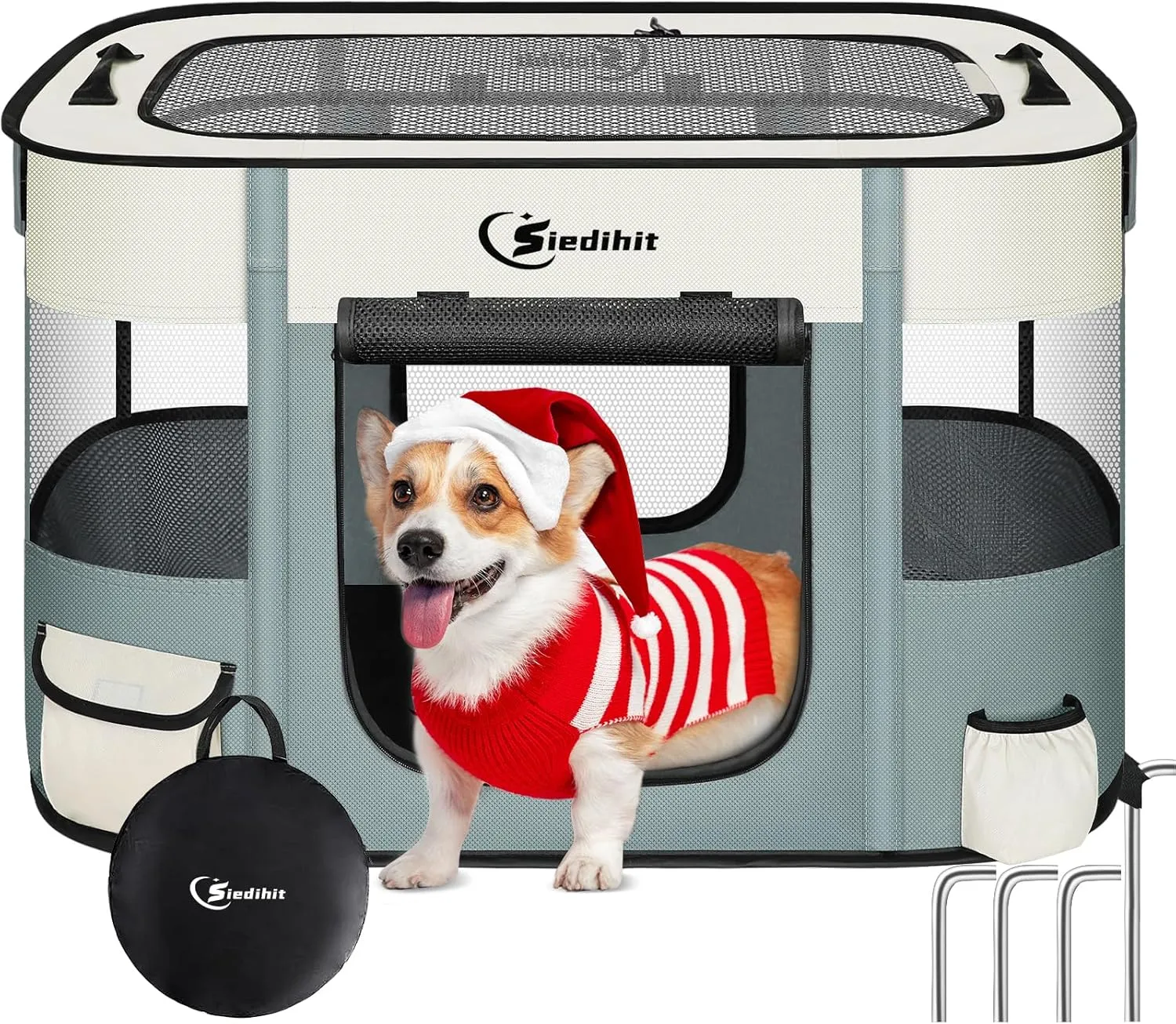 Dog Cat Playpen28/31/35in, Pet Puppy Portable Playpens for Outdoor Travel Crate, Indoor After Surgery Use, Foldable Dog Kennel Tent for Rabbit or Small Animals and Tent Stakes (Grey, Small)