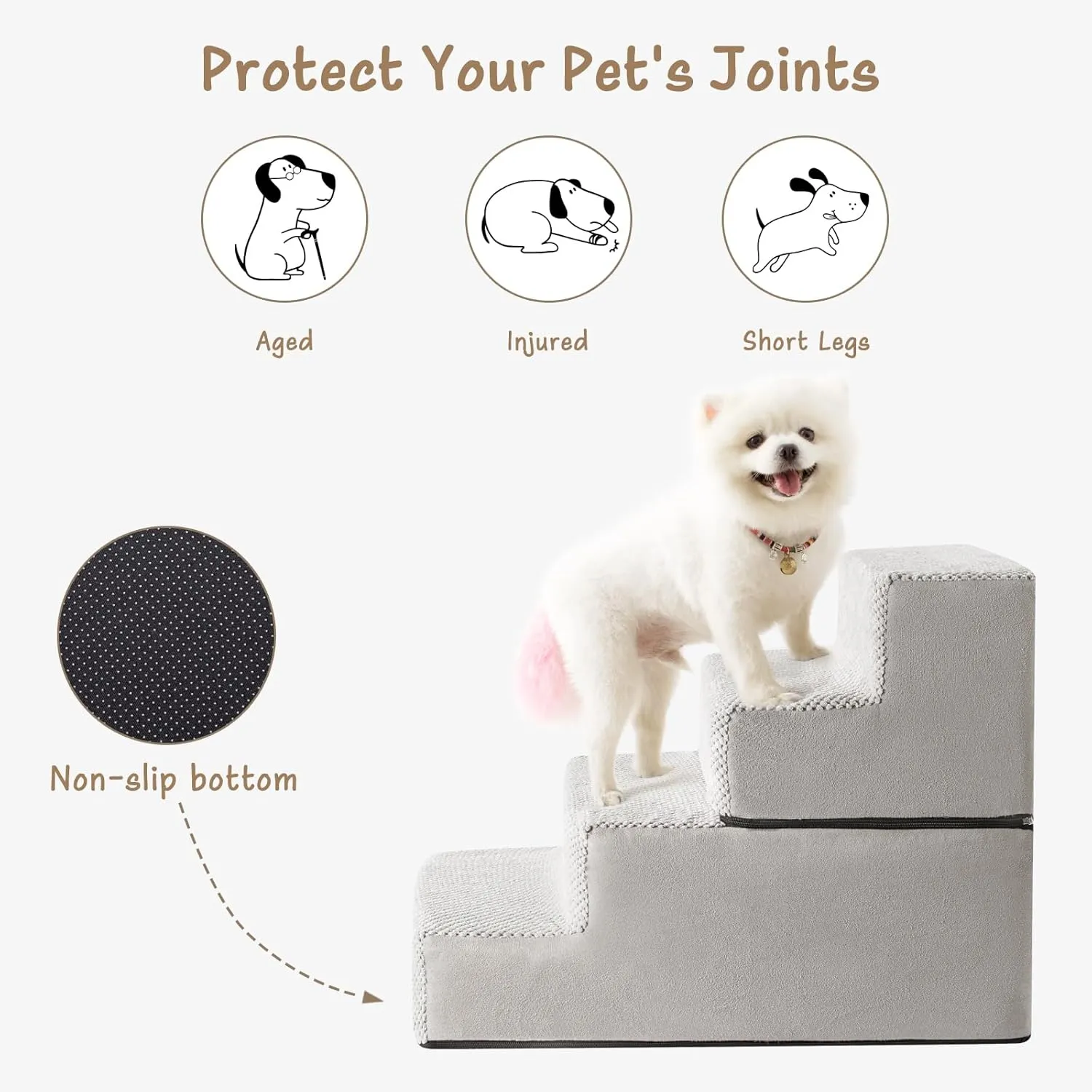 Dog Stairs for Small Dogs & Cats, 4-Step Non-Slip Pet Steps for Beds & Couches, Light Grey, 18.5" H