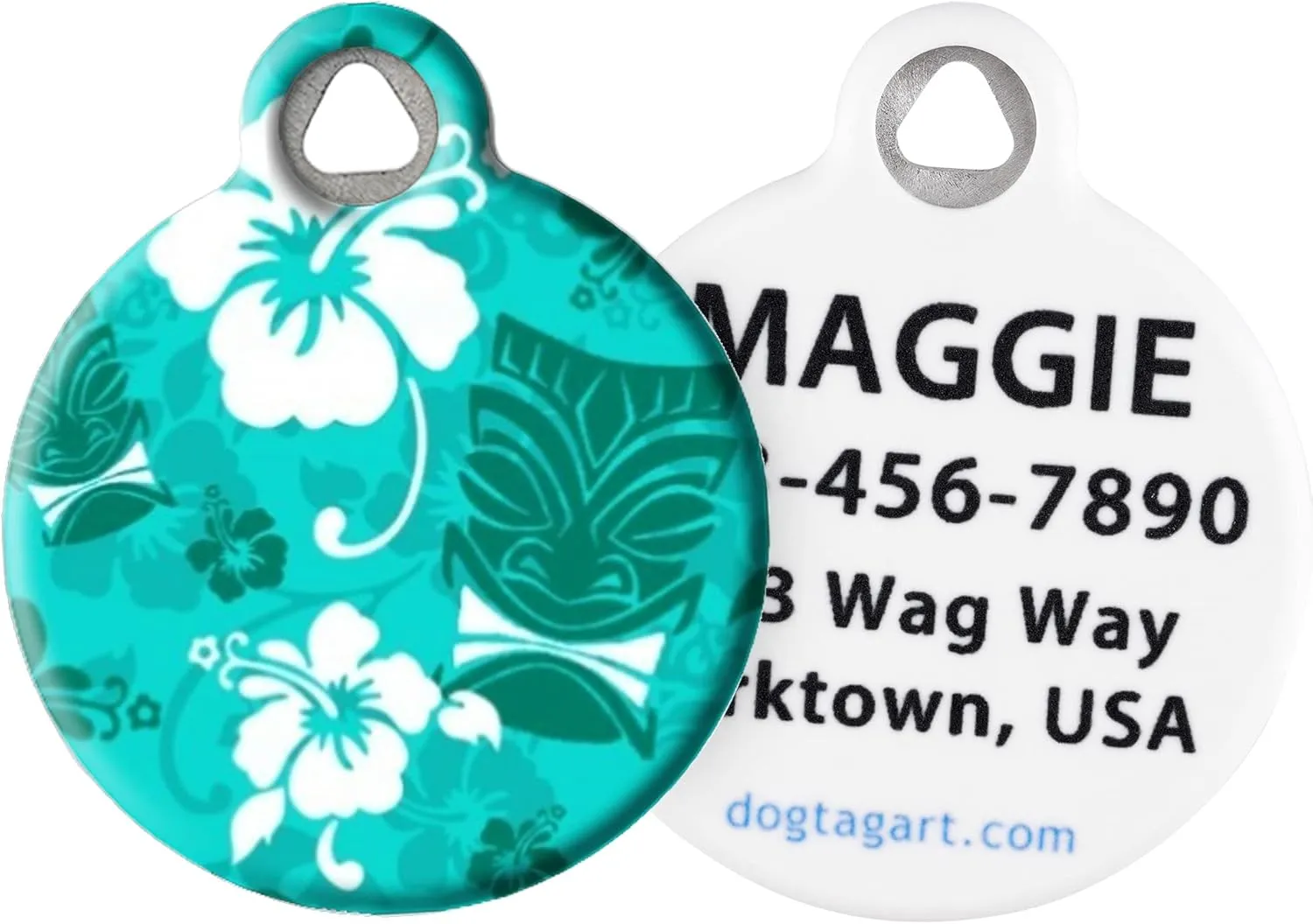 Dog Tag Art Turquoise Tiki Personalized Pet ID Tag for Dogs and Cats, Silent Polymer Coated Stainless Steel Nametag with Customized Identification Information - Small .875" Diameter