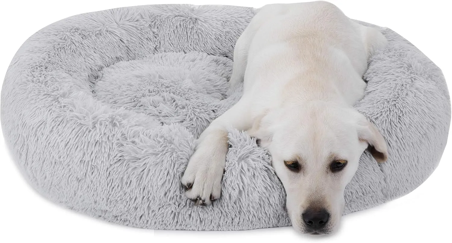 Donut Dog Bed Calming Ultra Soft Shag Faux Fur Dog Bed Comfortable Donut Cuddler for Dogs and Cats,Self Warming and Washable (30 Inches, Grey)