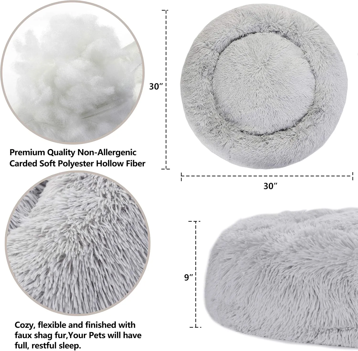Donut Dog Bed Calming Ultra Soft Shag Faux Fur Dog Bed Comfortable Donut Cuddler for Dogs and Cats,Self Warming and Washable (30 Inches, Grey)