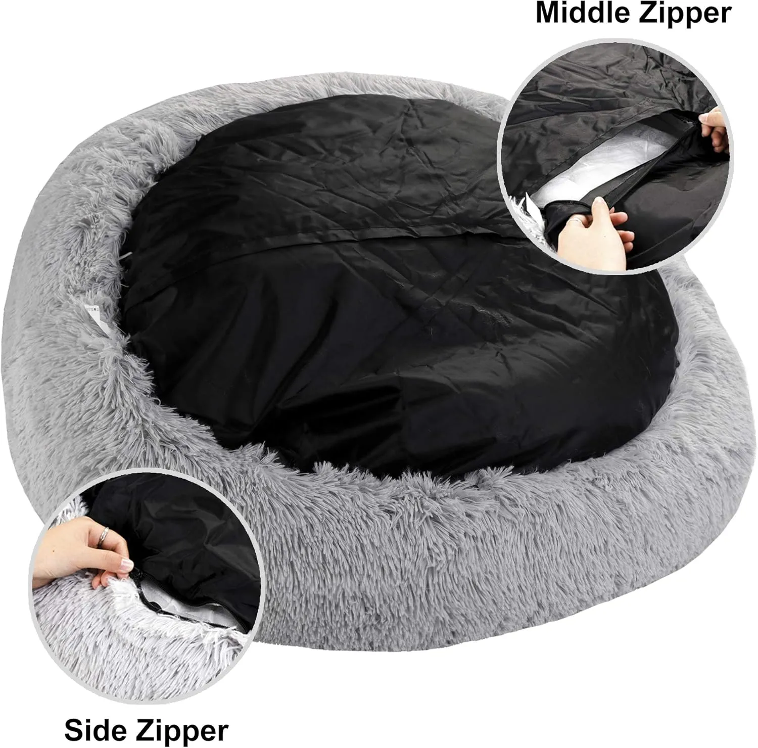 Donut Dog Bed Calming Ultra Soft Shag Faux Fur Dog Bed Comfortable Donut Cuddler for Dogs and Cats,Self Warming and Washable (30 Inches, Grey)