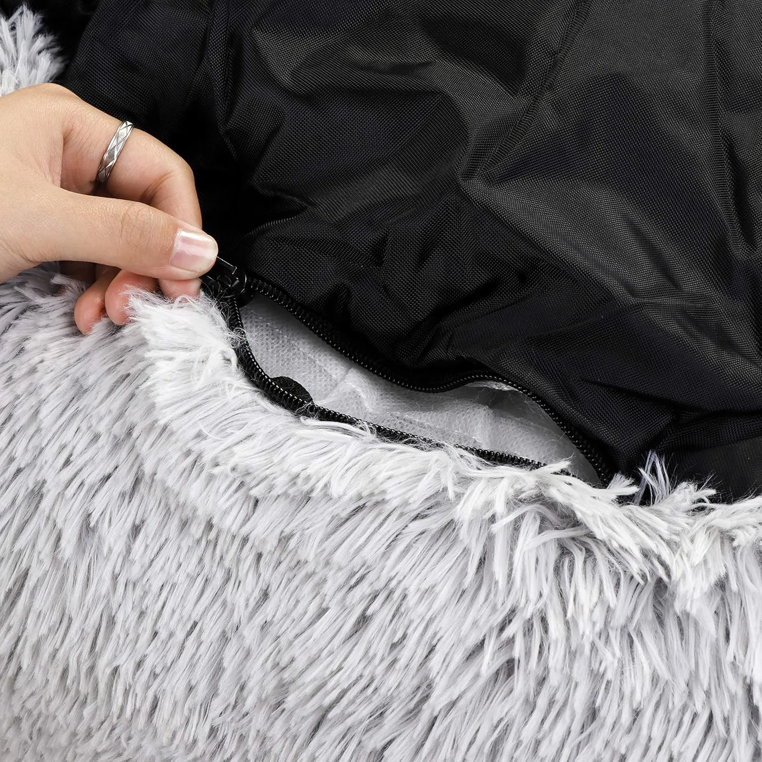Donut Dog Bed Calming Ultra Soft Shag Faux Fur Dog Bed Comfortable Donut Cuddler for Dogs and Cats,Self Warming and Washable (30 Inches, Grey)
