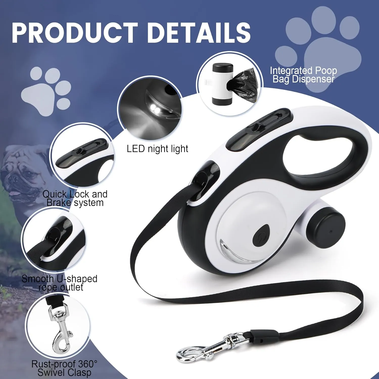 Dual Retractable Dog Leash for 2 Medium Dogs (Up to 66LBS Each) - Double Headed Pet Leash with Poop Bags and LED Light, One Button Brake & Lock, 360 Tangle-Free (White, Medium)