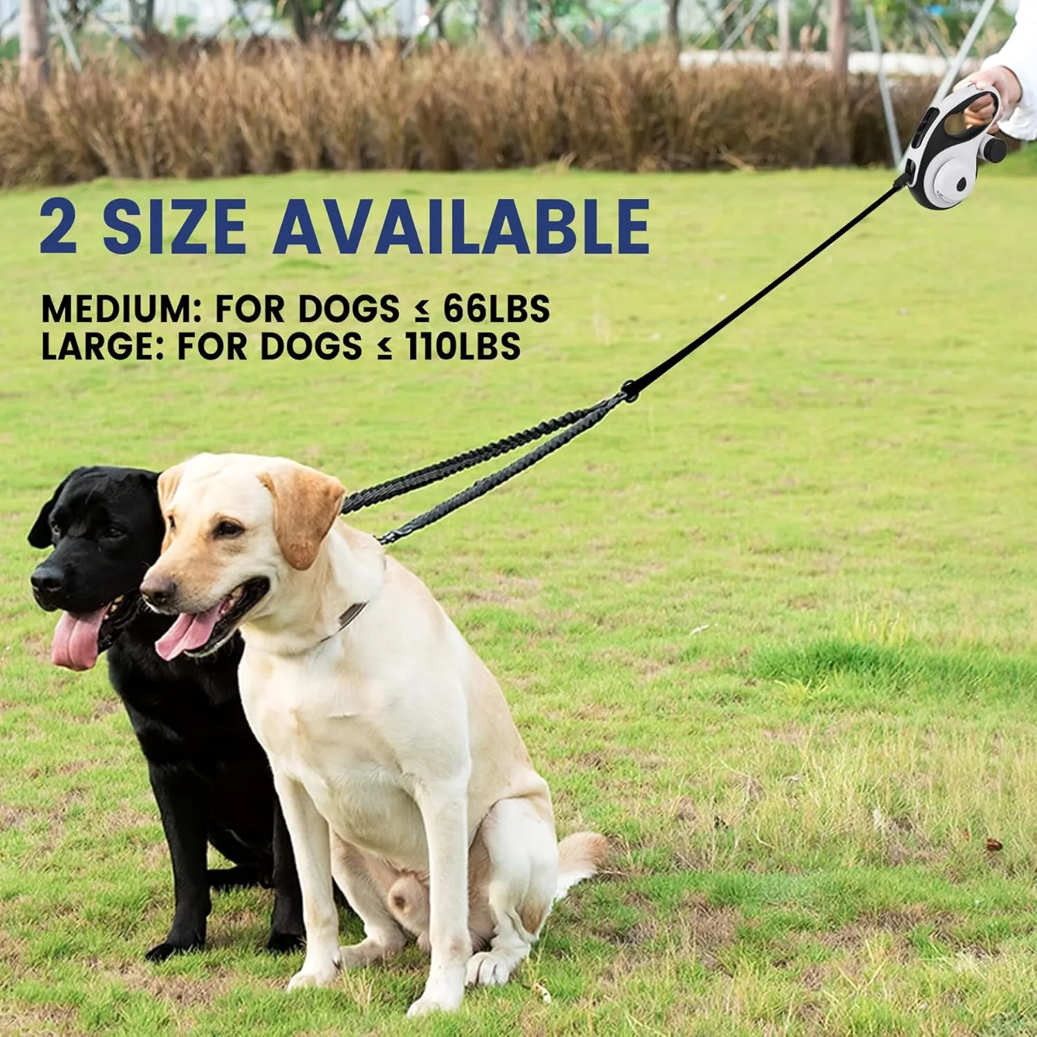 Dual Retractable Dog Leash for 2 Medium Dogs (Up to 66LBS Each) - Double Headed Pet Leash with Poop Bags and LED Light, One Button Brake & Lock, 360 Tangle-Free (White, Medium)