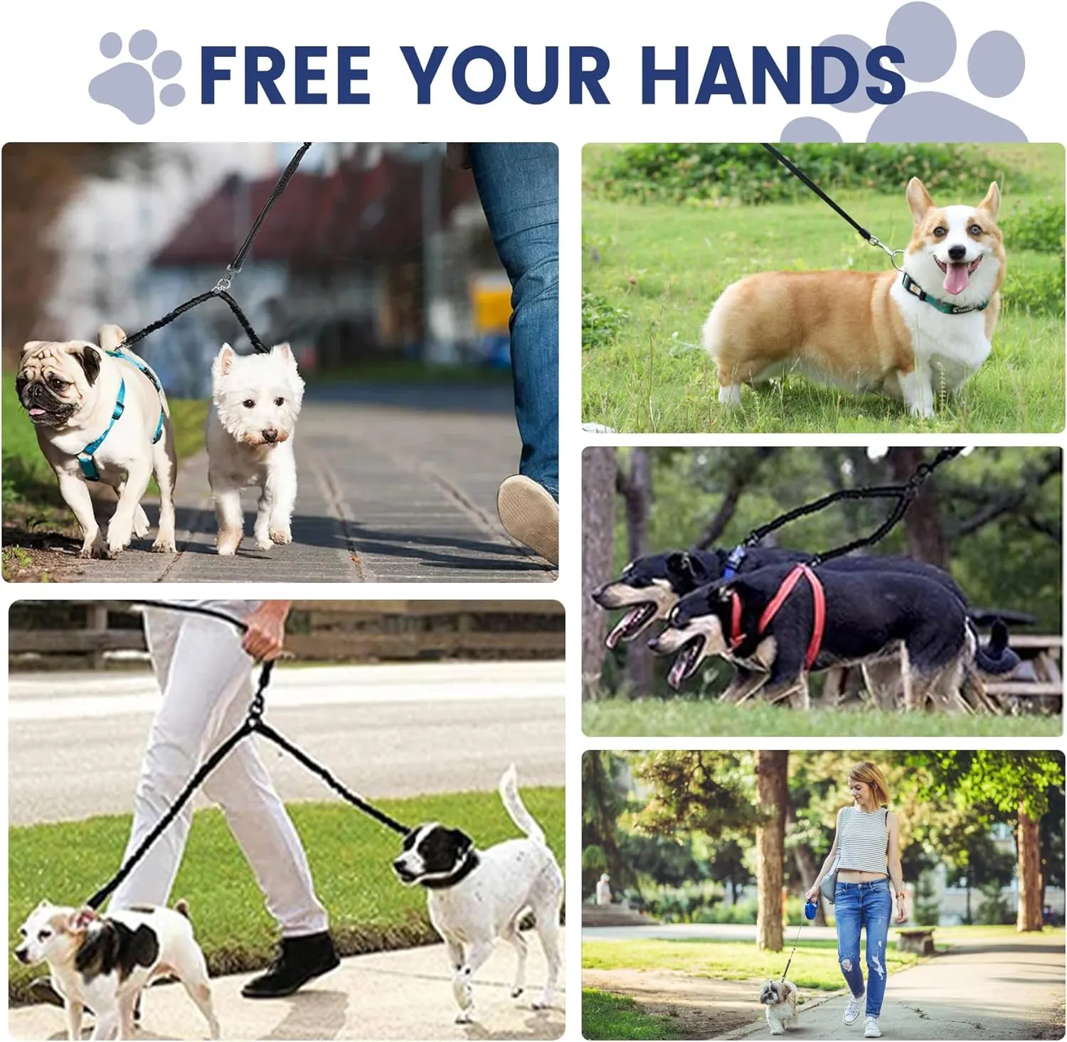 Dual Retractable Dog Leash for 2 Medium Dogs (Up to 66LBS Each) - Double Headed Pet Leash with Poop Bags and LED Light, One Button Brake & Lock, 360 Tangle-Free (White, Medium)