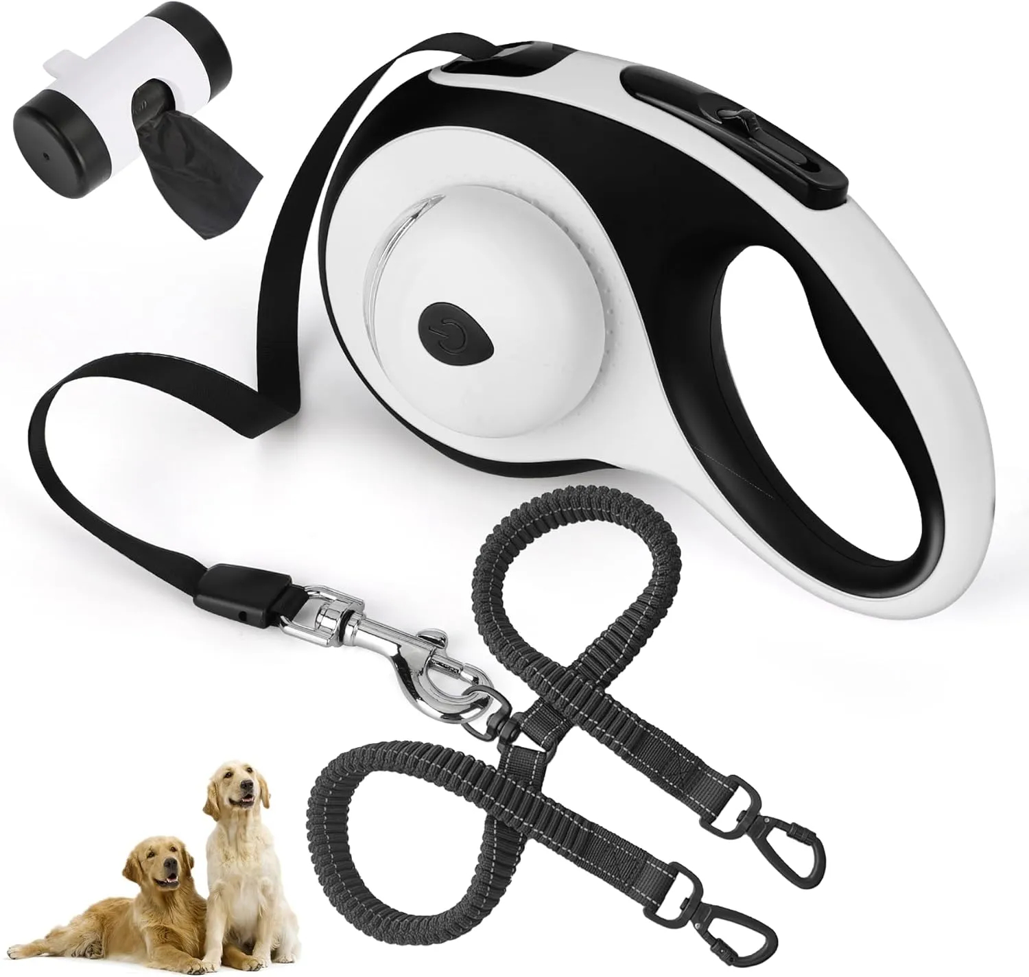 Dual Retractable Dog Leash for 2 Medium Dogs (Up to 66LBS Each) - Double Headed Pet Leash with Poop Bags and LED Light, One Button Brake & Lock, 360 Tangle-Free (White, Medium)
