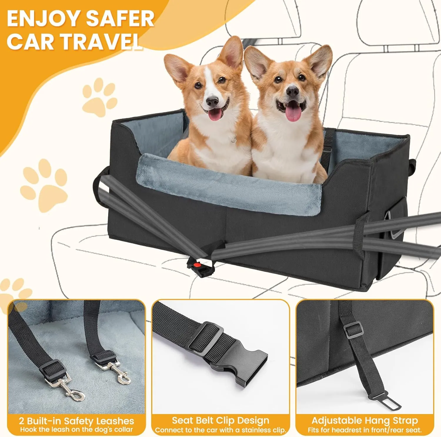 Elevated Large Dog Car Seat, Dog Car Seat Large Size Dog, Large Dog Booster seat for Car with Clip On Leash, Perfect for Large Pet