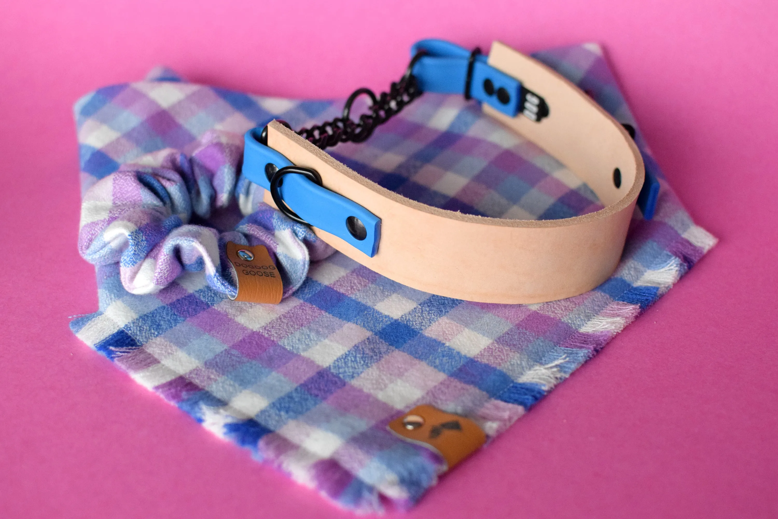 EXCLUSIVE LEATHER COLLECTION - Natural Tan & Sky Blue, Limited Edition Biothane and Leather Combo Martingale Dog Collar