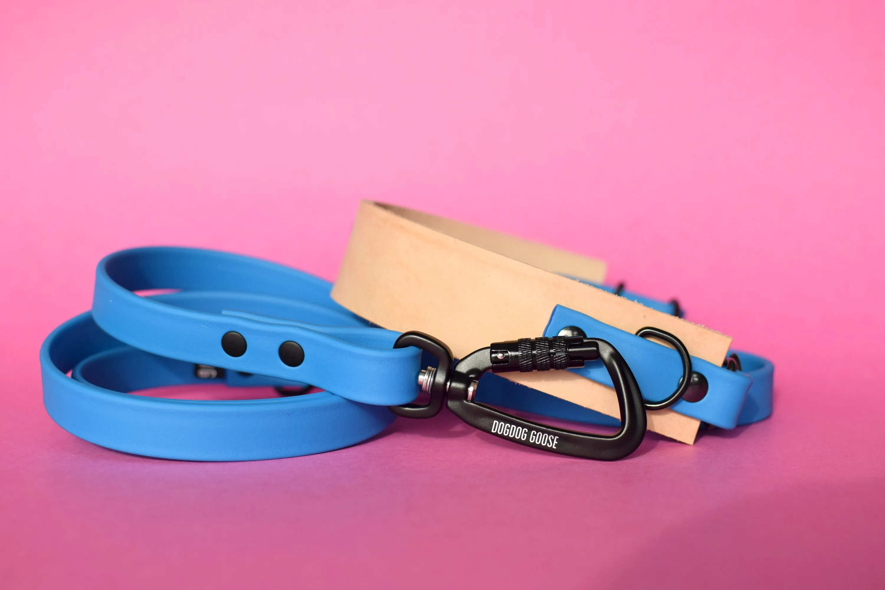EXCLUSIVE LEATHER COLLECTION - Natural Tan & Sky Blue, Limited Edition Biothane and Leather Combo Martingale Dog Collar