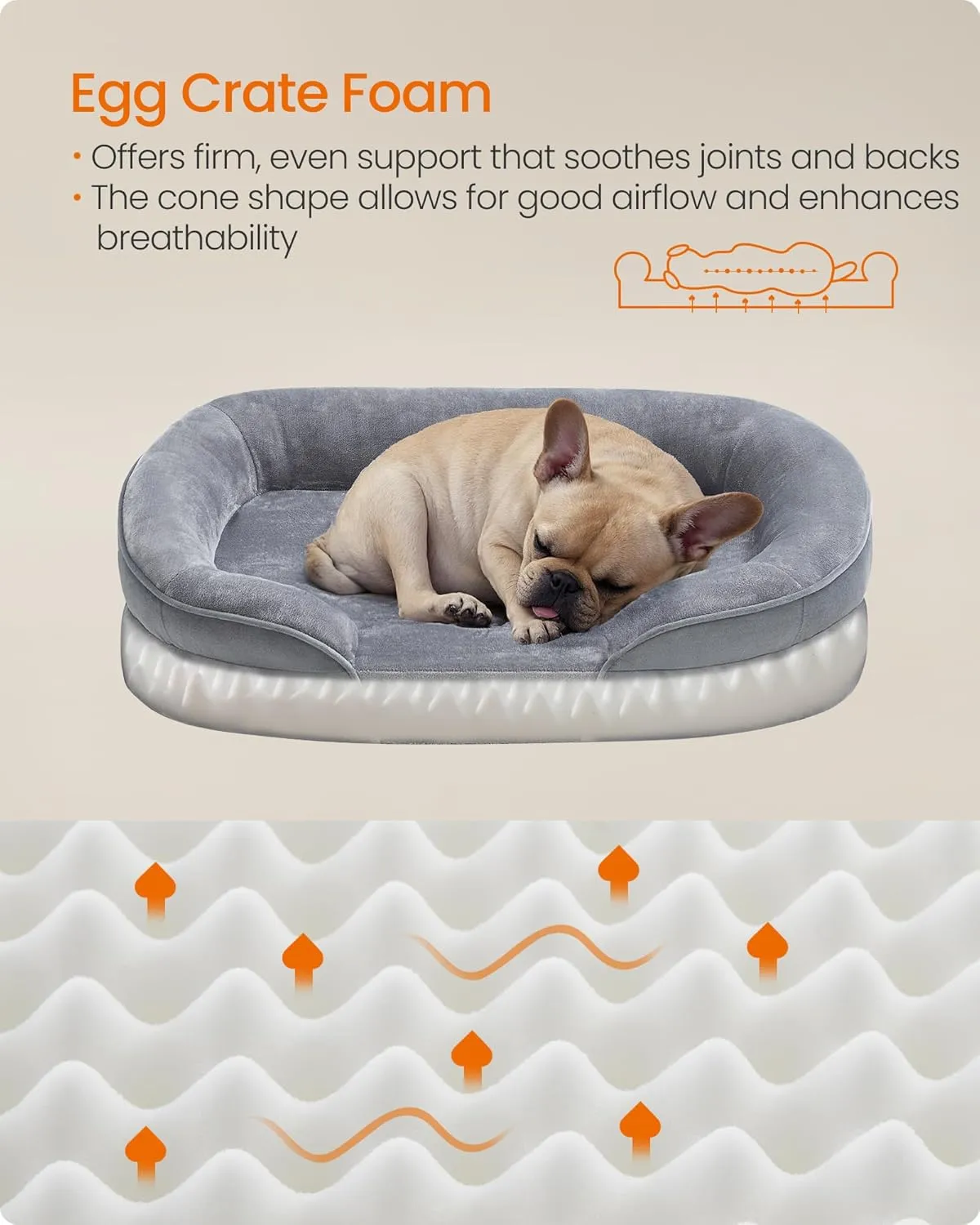 Feandrea Dog Bed, Medium Orthopaedic Dog Sofa Bed, 30 x 20 x 7 Inches, Egg Crate Foam, Waterproof Liner, Raised Edges, Removable and Machine Washable Cover, Non-Slip, Light Gray UPGW281G01