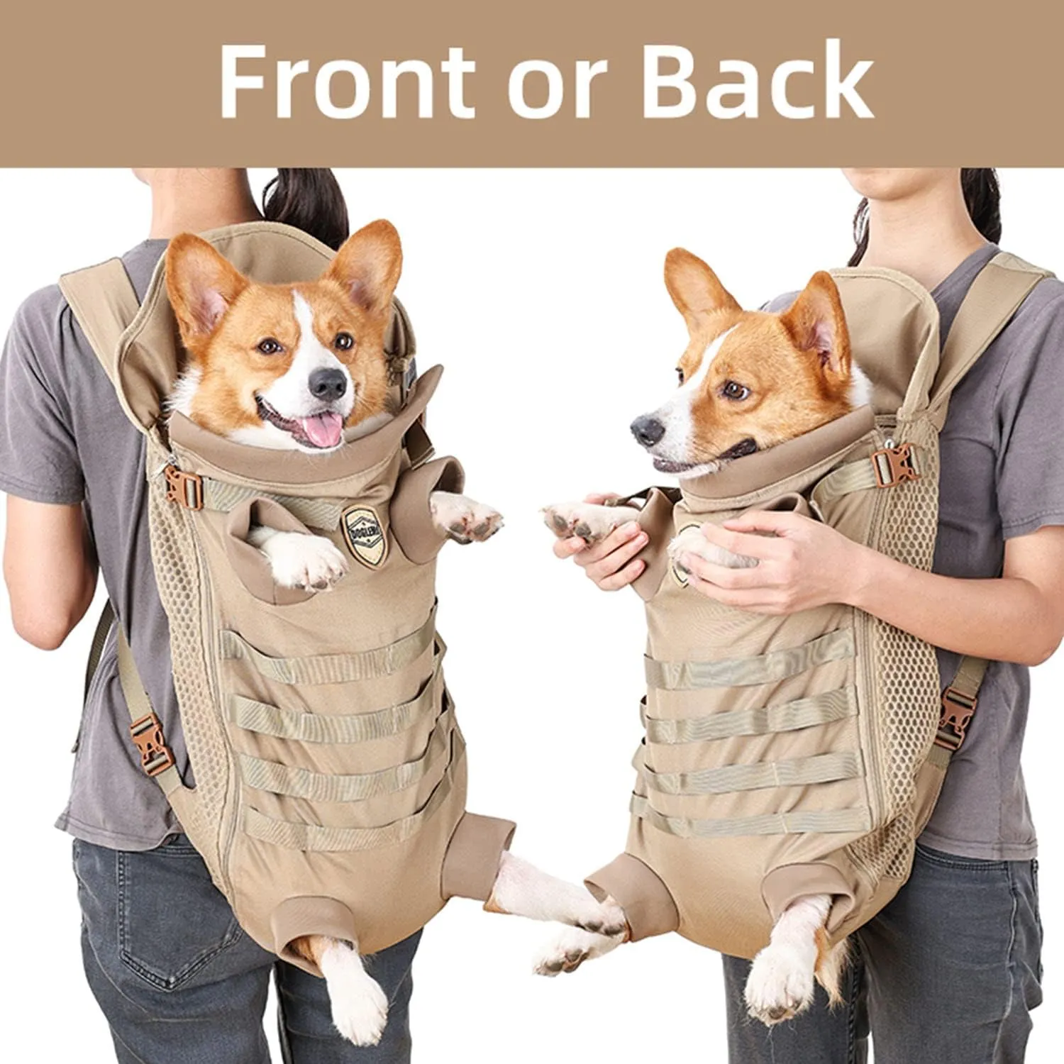FLAdorepet Dog Carrier Tactical Backpack for Small Medium Dogs,Soft Hands-Free Legs Out Pet Front Cat Dog Carrier Backpack Travel Bag for Outdoor Traveling Hiking Camping (Large, Khaki)