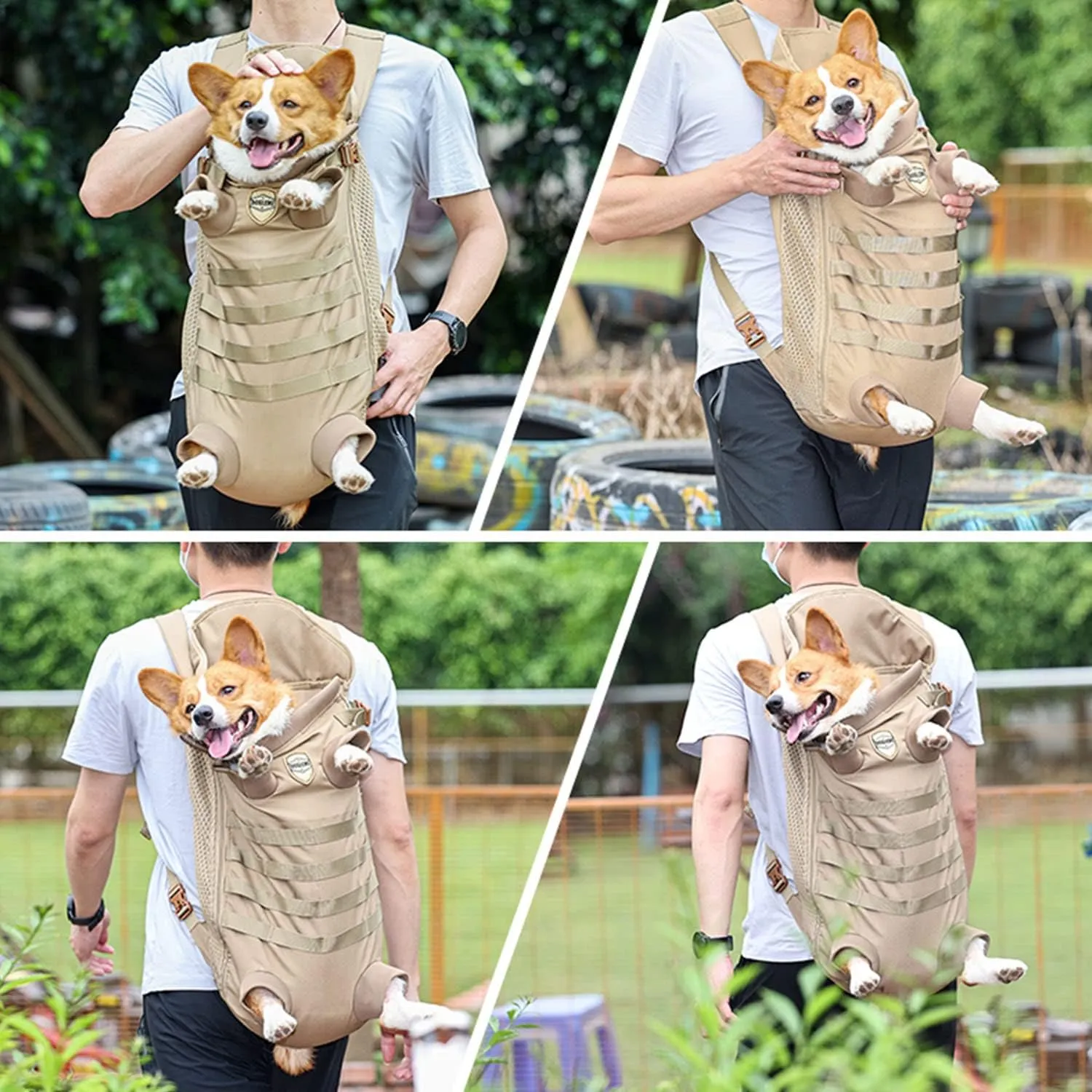 FLAdorepet Dog Carrier Tactical Backpack for Small Medium Dogs,Soft Hands-Free Legs Out Pet Front Cat Dog Carrier Backpack Travel Bag for Outdoor Traveling Hiking Camping (Large, Khaki)