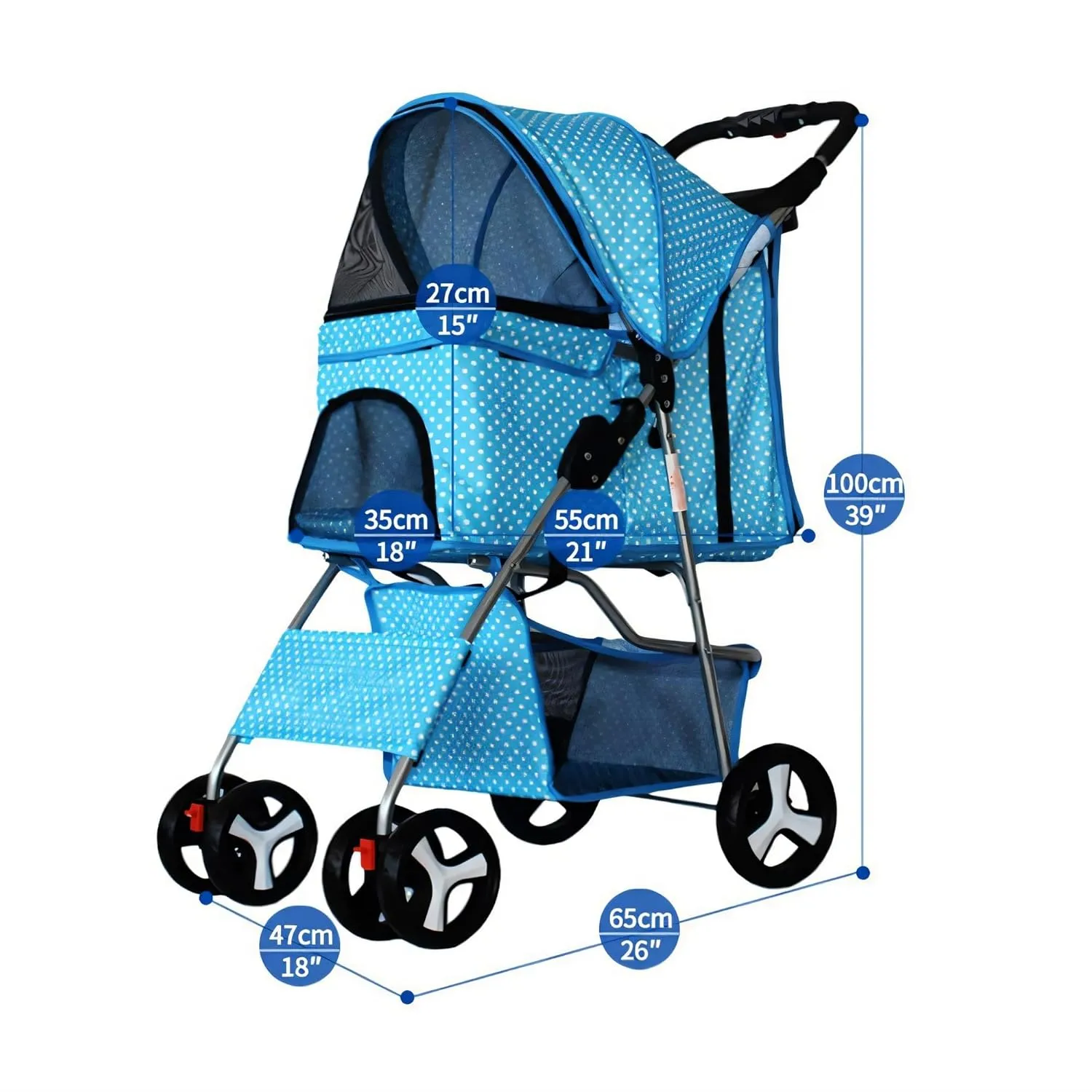Folding Dog Stroller, Pet Folding Stroller, 4 Wheels Dog/Cat Puppy Stroller w/Removable Travel Carrier for Small/Medium Pet, Doggy Stroller with Cup Holder & Storage Basket, Black White Dots