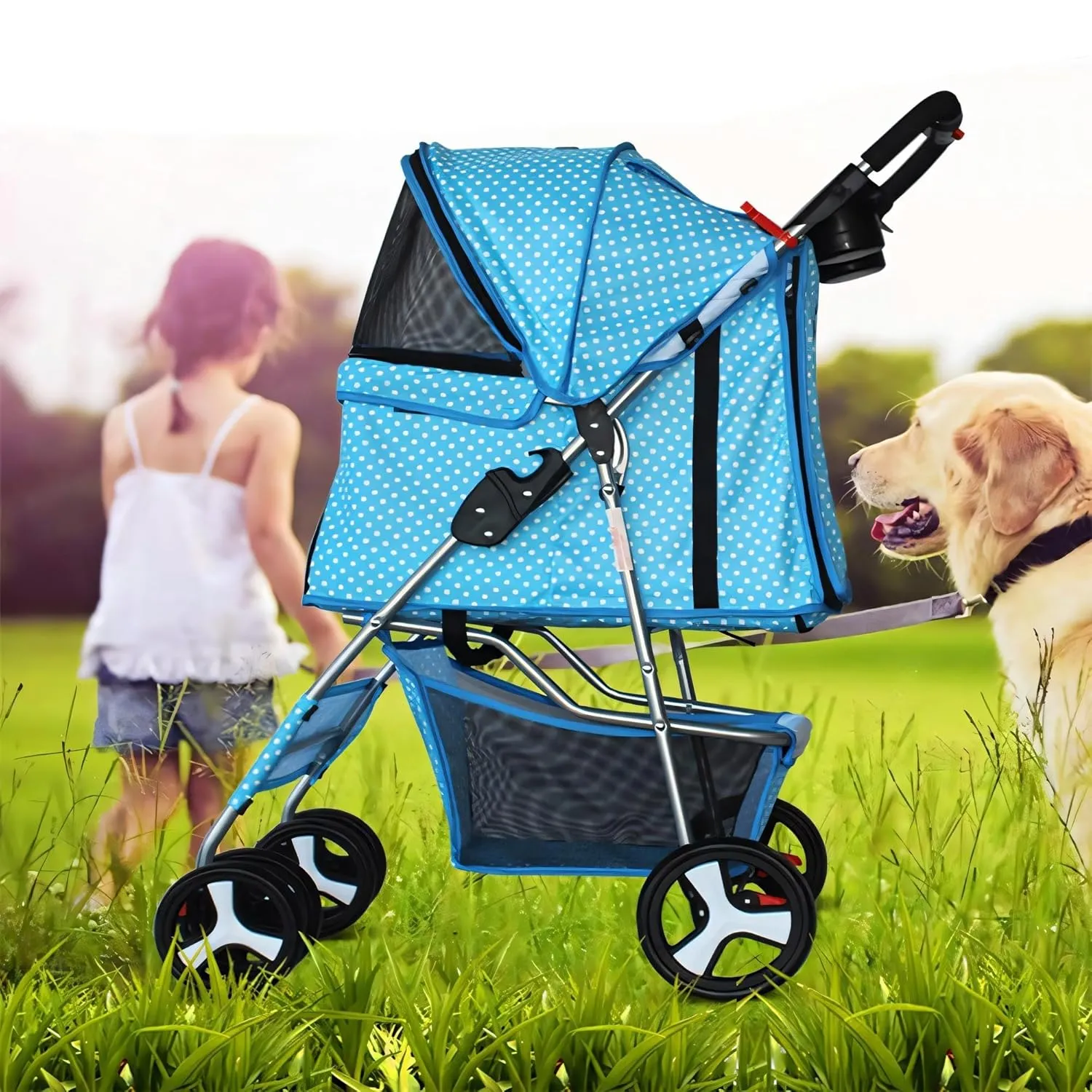 Folding Dog Stroller, Pet Folding Stroller, 4 Wheels Dog/Cat Puppy Stroller w/Removable Travel Carrier for Small/Medium Pet, Doggy Stroller with Cup Holder & Storage Basket, Black White Dots