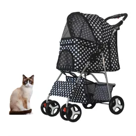 Folding Dog Stroller, Pet Folding Stroller, 4 Wheels Dog/Cat Puppy Stroller w/Removable Travel Carrier for Small/Medium Pet, Doggy Stroller with Cup Holder & Storage Basket, Black White Dots
