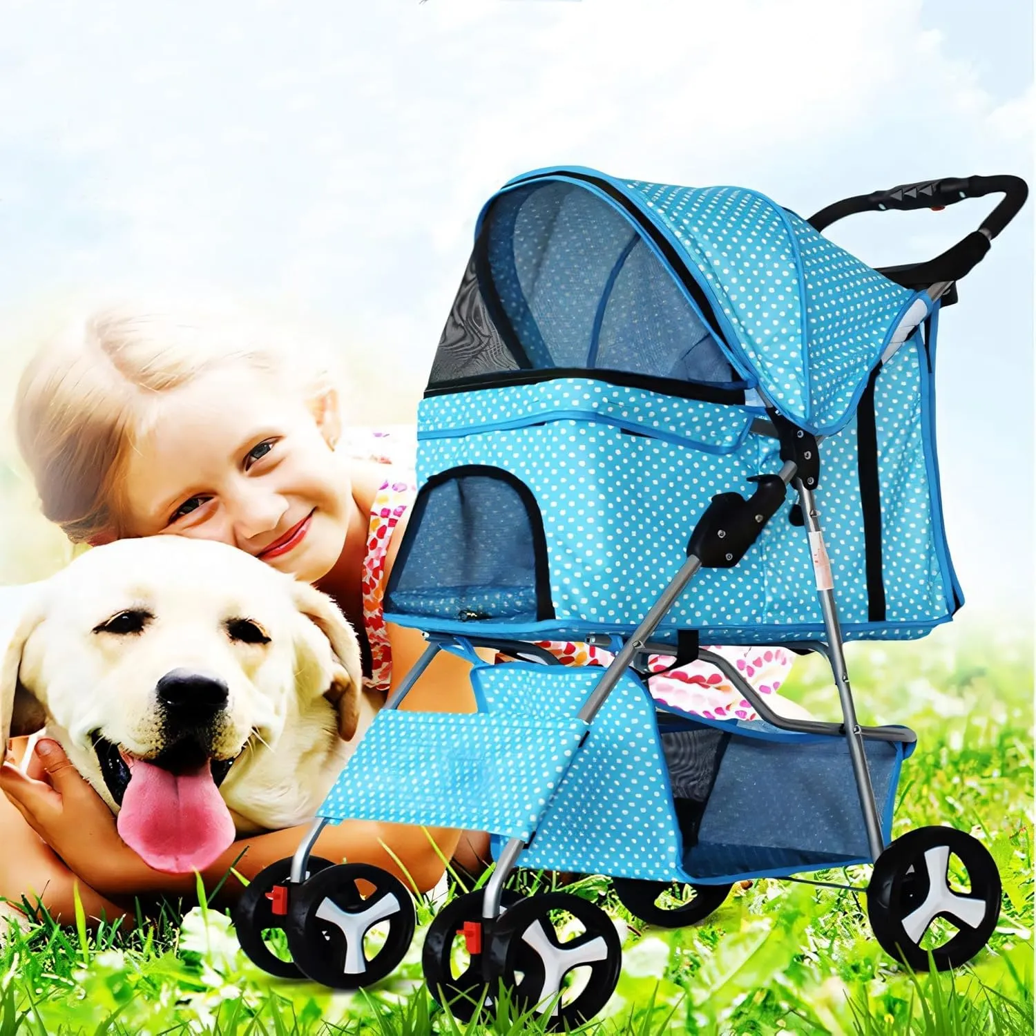Folding Dog Stroller, Pet Folding Stroller, 4 Wheels Dog/Cat Puppy Stroller w/Removable Travel Carrier for Small/Medium Pet, Doggy Stroller with Cup Holder & Storage Basket, Black White Dots