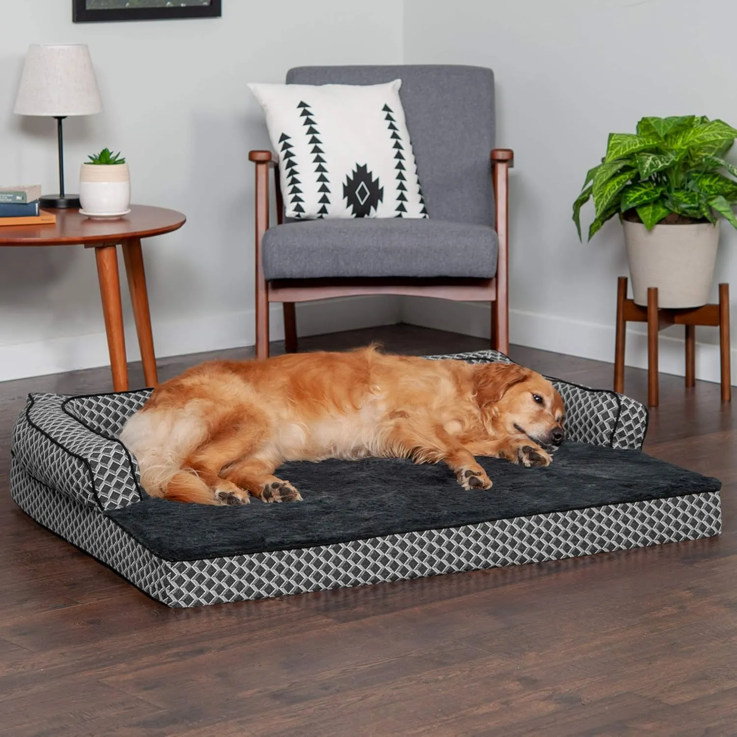 Furhaven Cooling Gel Dog Bed for Large Dogs w/ Removable Bolsters & Washable Cover, For Dogs Up to 95 lbs - Plush & Woven Decor Comfy Couch Sofa - Diamond Gray, Jumbo/XL