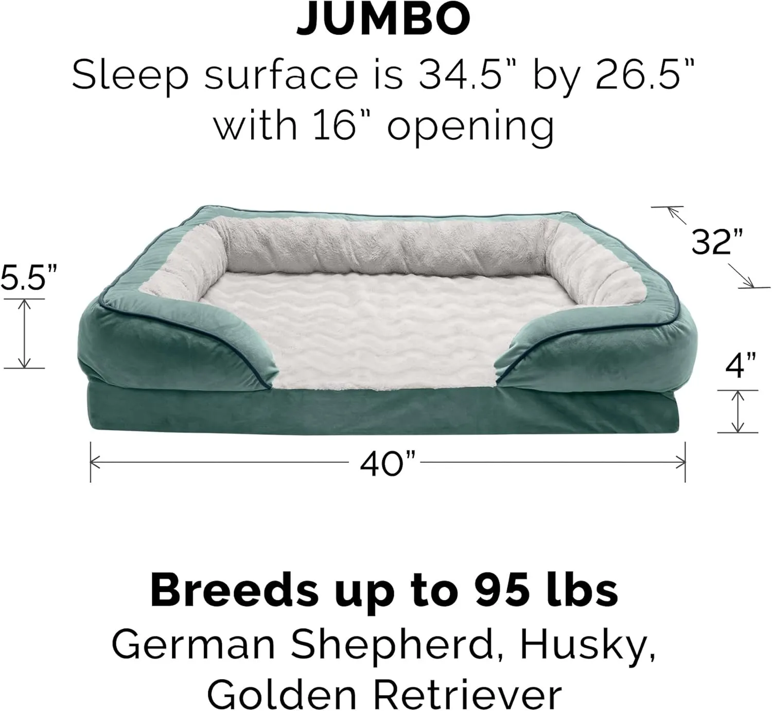 Furhaven Memory Foam Dog Bed for Large Dogs w/ Removable Bolsters & Washable Cover, For Dogs Up to 95 lbs - Plush & Velvet Waves Perfect Comfort Sofa - Celadon Green, Jumbo/XL